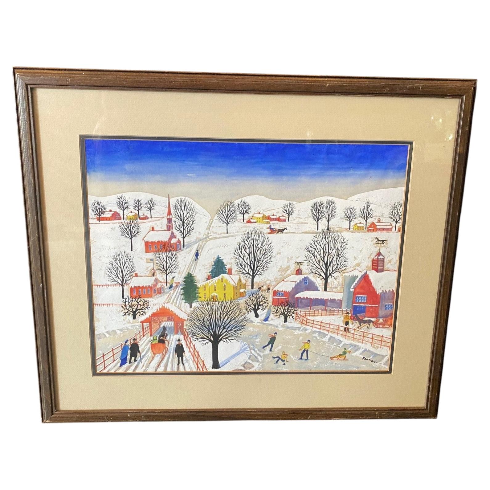 Dipinto originale di arte popolare naif e primitiva americana, firmato da Albert J. Kramer