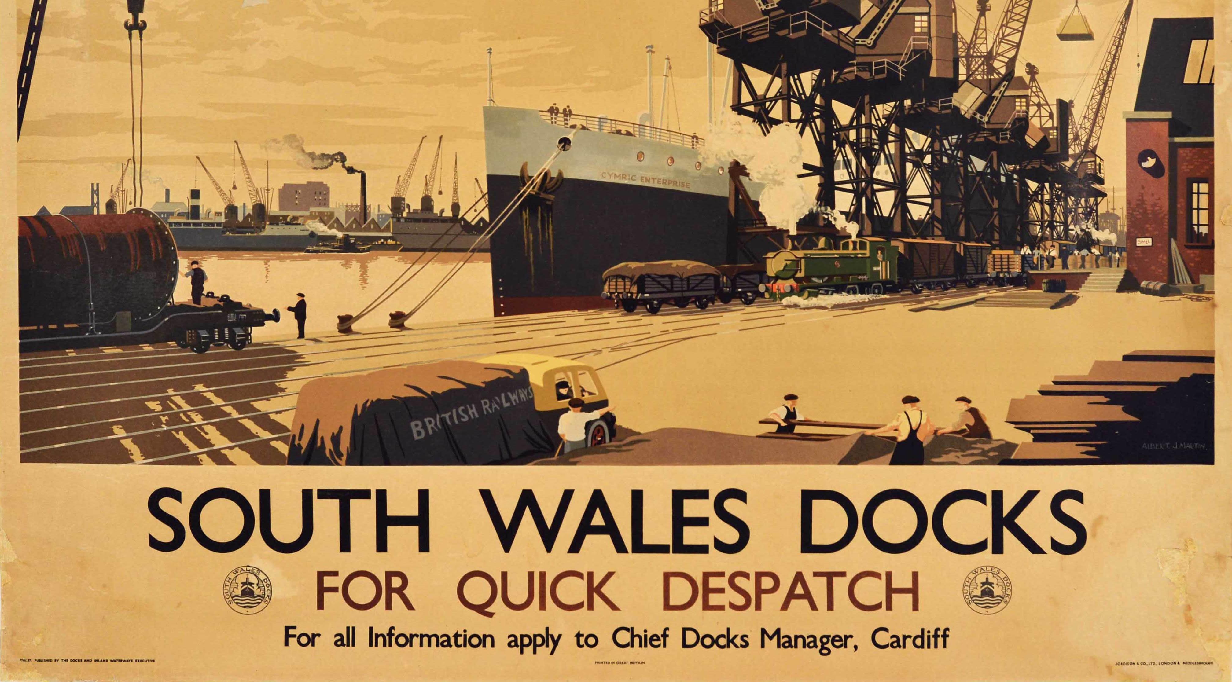 Poster originale d'epoca delle British Railways sui docks del Galles meridionale e sull'industria delle navi da carico - Print Arancia di Albert J Martin