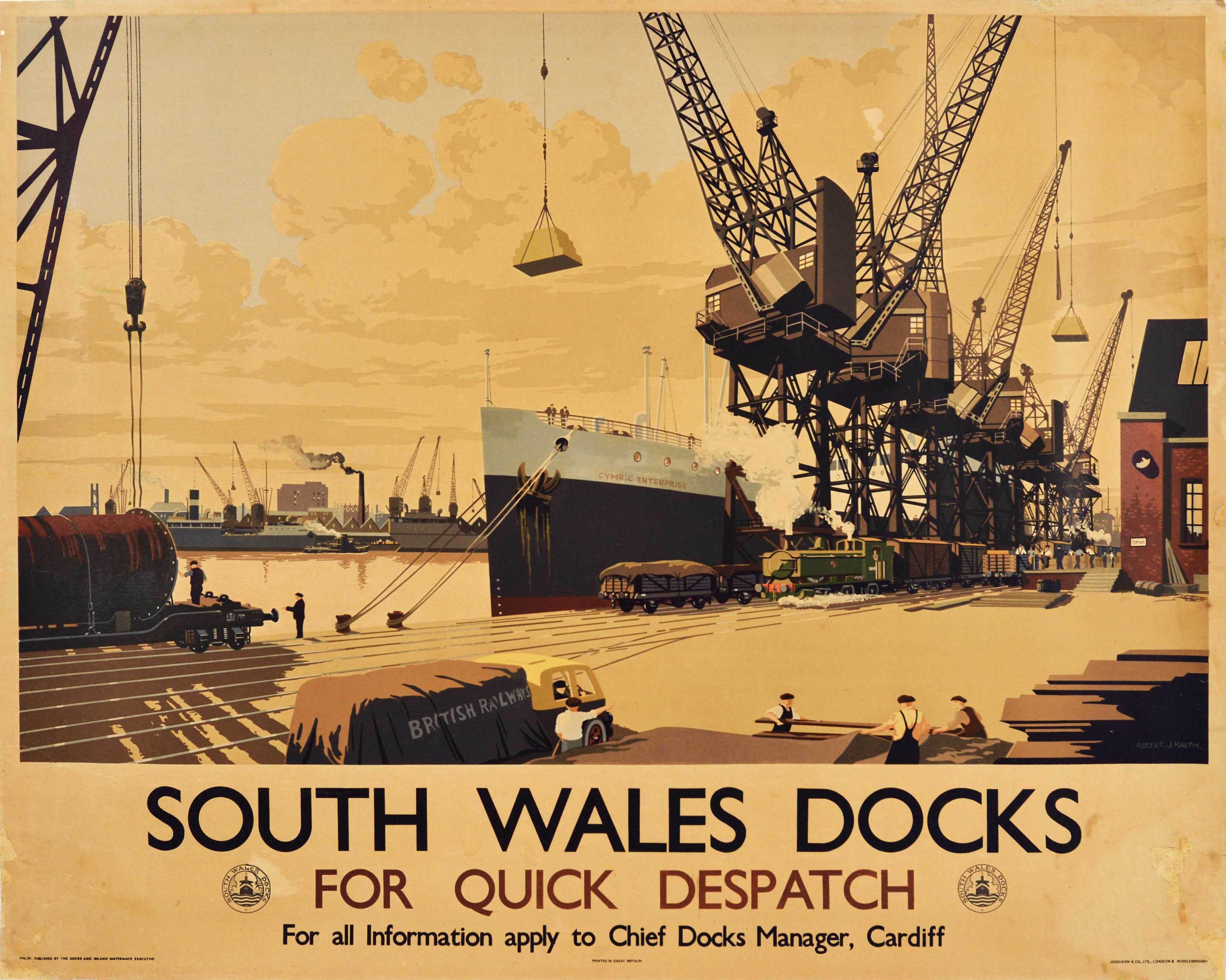 Albert J Martin Print - Original Vintage British Railways Poster South Wales Docks Industry Cargo Ship