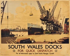 Britisches Eisenbahnplakat, Südwales Docks, Industrie, Cargo-Schiff, Vintage