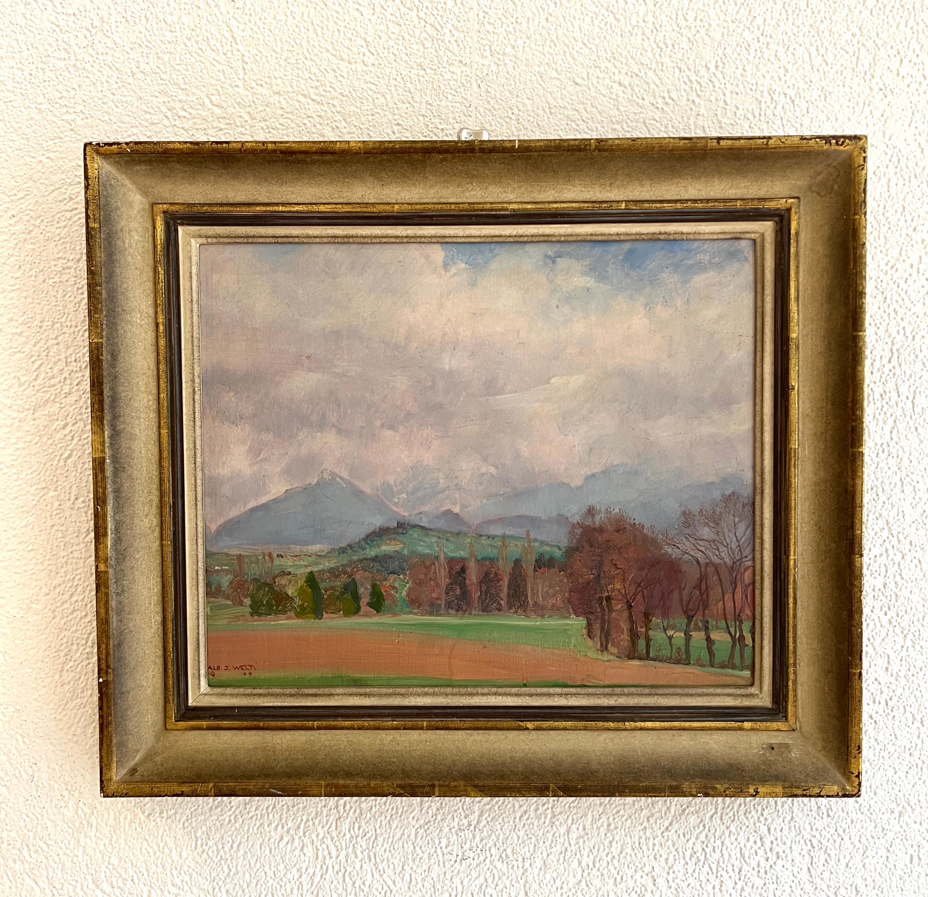 Paesaggio di campagna con montagne e nuvole - Painting di Albert Jakob Welti