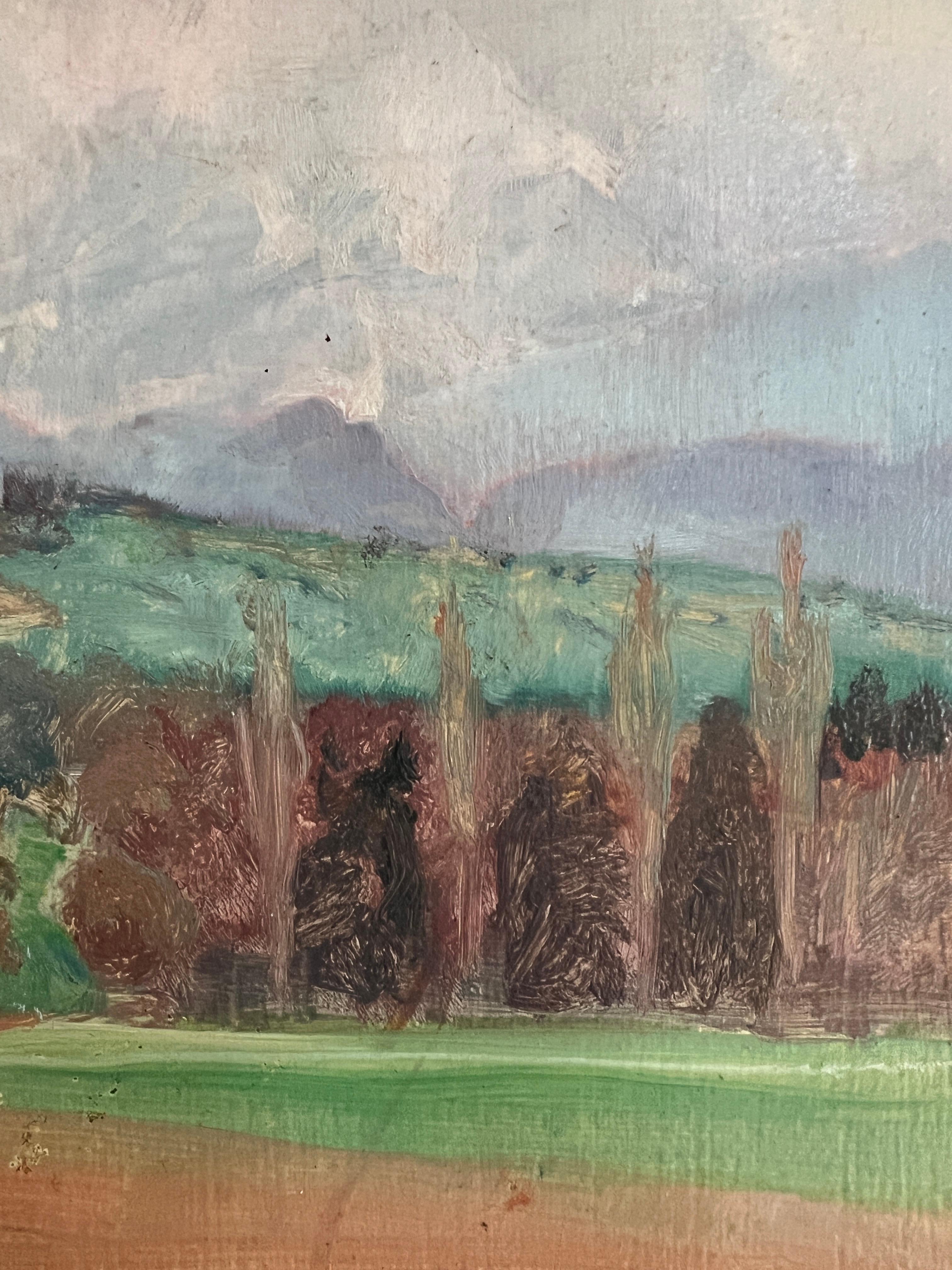 Paesaggio di campagna con montagne e nuvole - Landscape Painting Grigio di Albert Jakob Welti