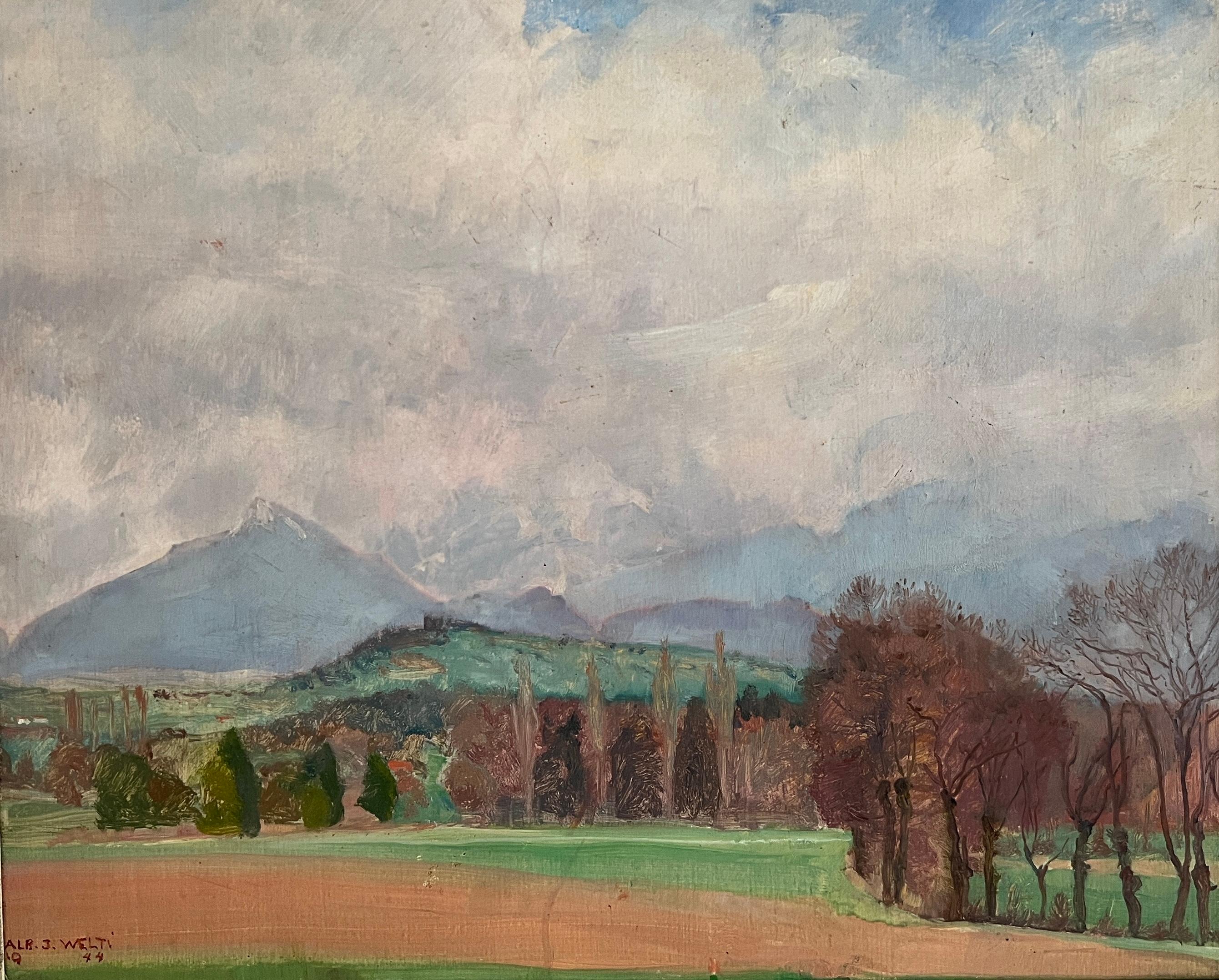 Landscape Painting di Albert Jakob Welti - Paesaggio di campagna con montagne e nuvole