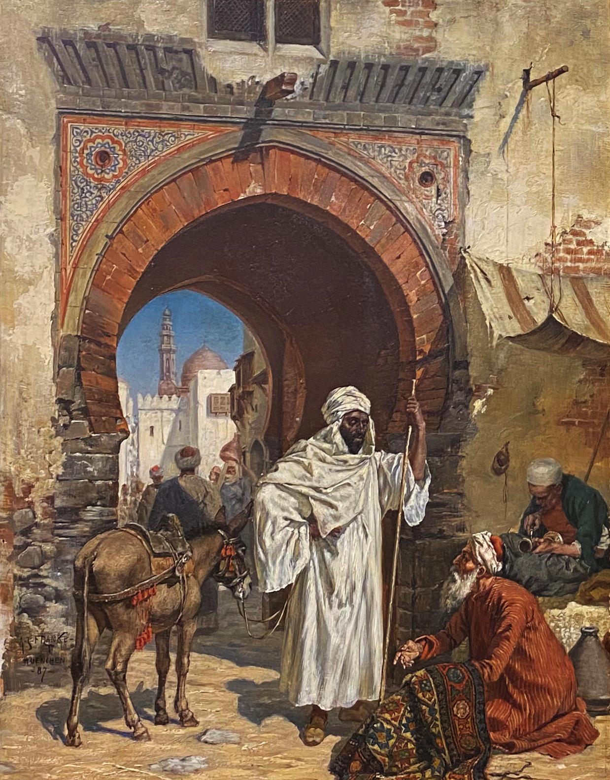 An Oriental Rug Merchant in a Busy Marketplace - Painting by Albert Joseph Franke