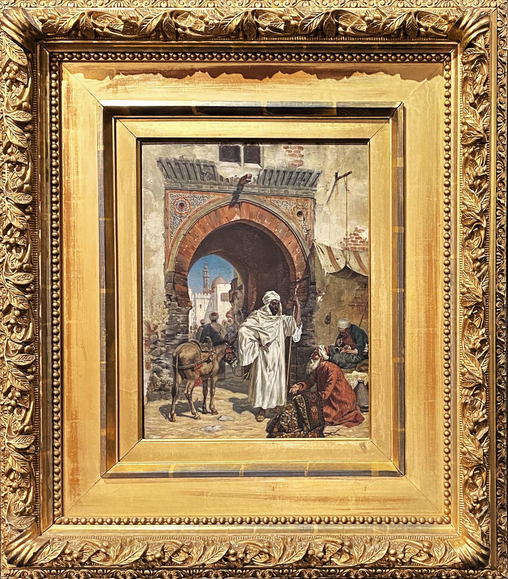 Albert Joseph Franke Figurative Painting - An Oriental Rug Merchant in a Busy Marketplace