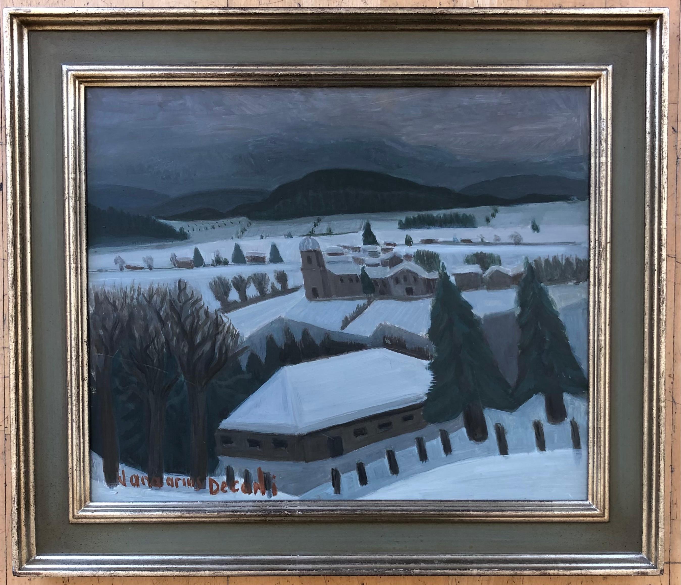 Landschaft eines verschneiten Dorfes – Painting von Albert Joseph Januarius  DECARLI