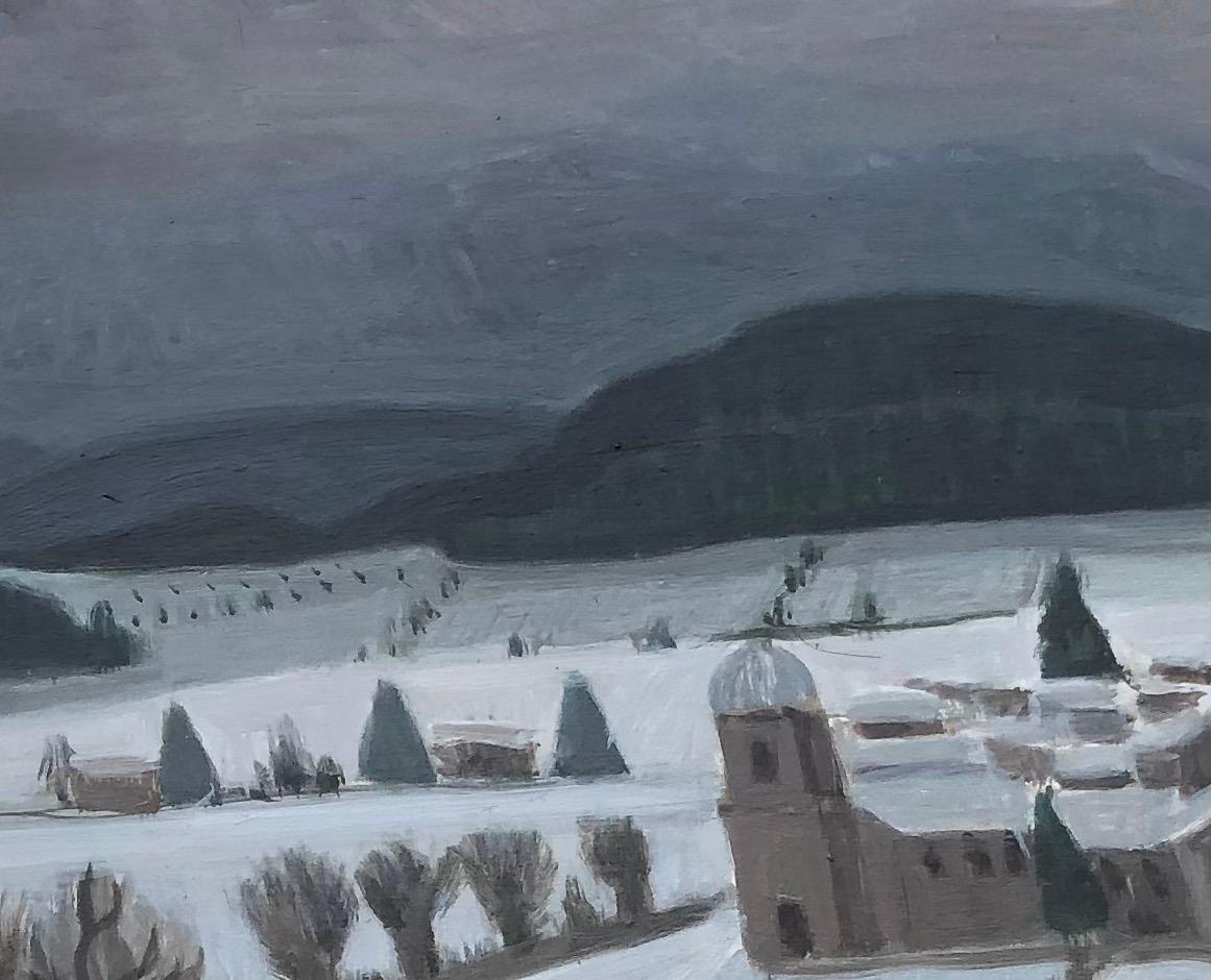 Landschaft eines verschneiten Dorfes (Grau), Landscape Painting, von Albert Joseph Januarius  DECARLI