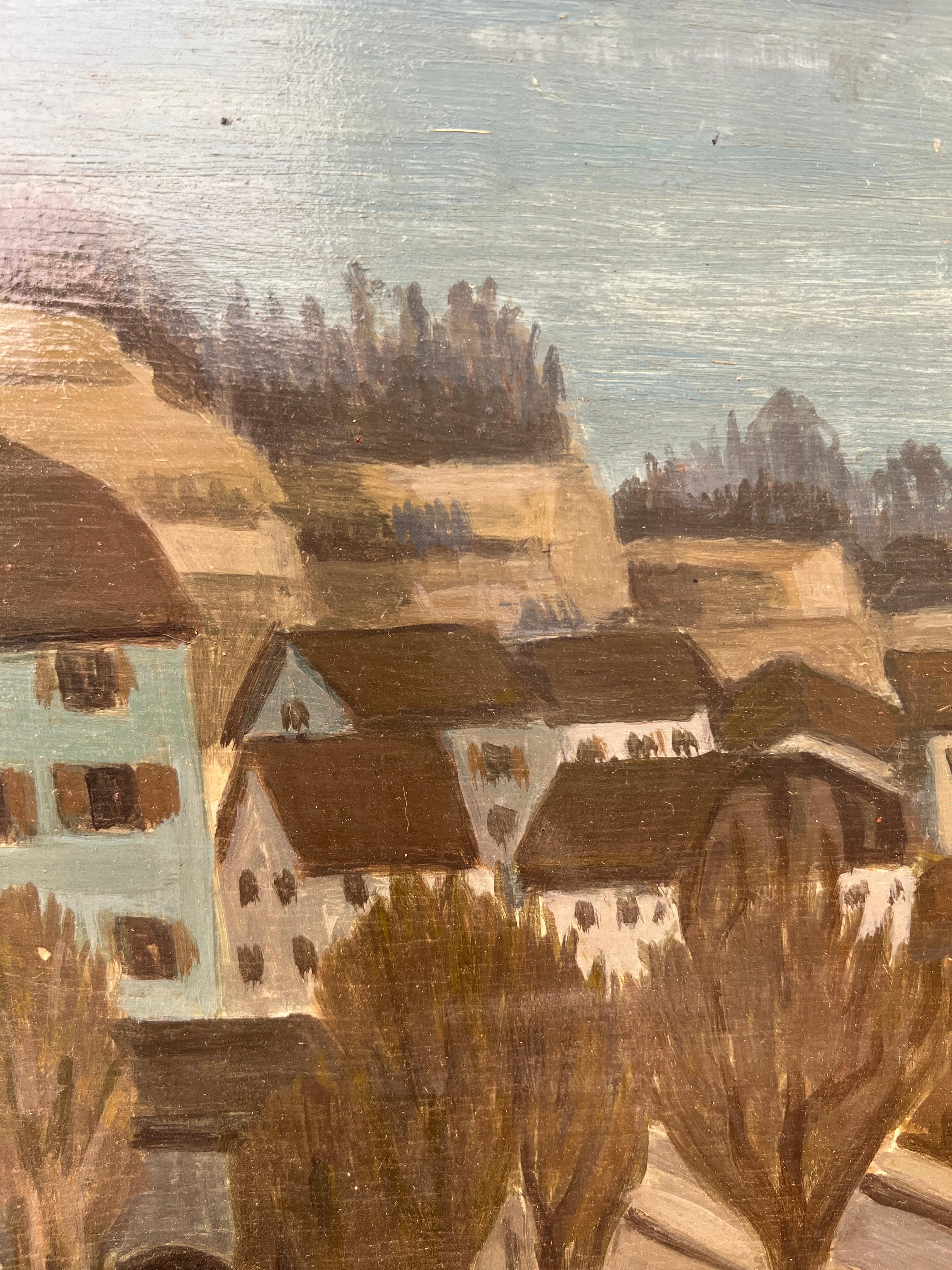 Work on wood
Golden wooden frame
61 x 68 x 2,5 cm



This artwork depicts a serene cityscape of a sheltered village under a cloudy sky, on the banks of a river. The houses, at the center of the composition, are highlighted by their pastel facades,