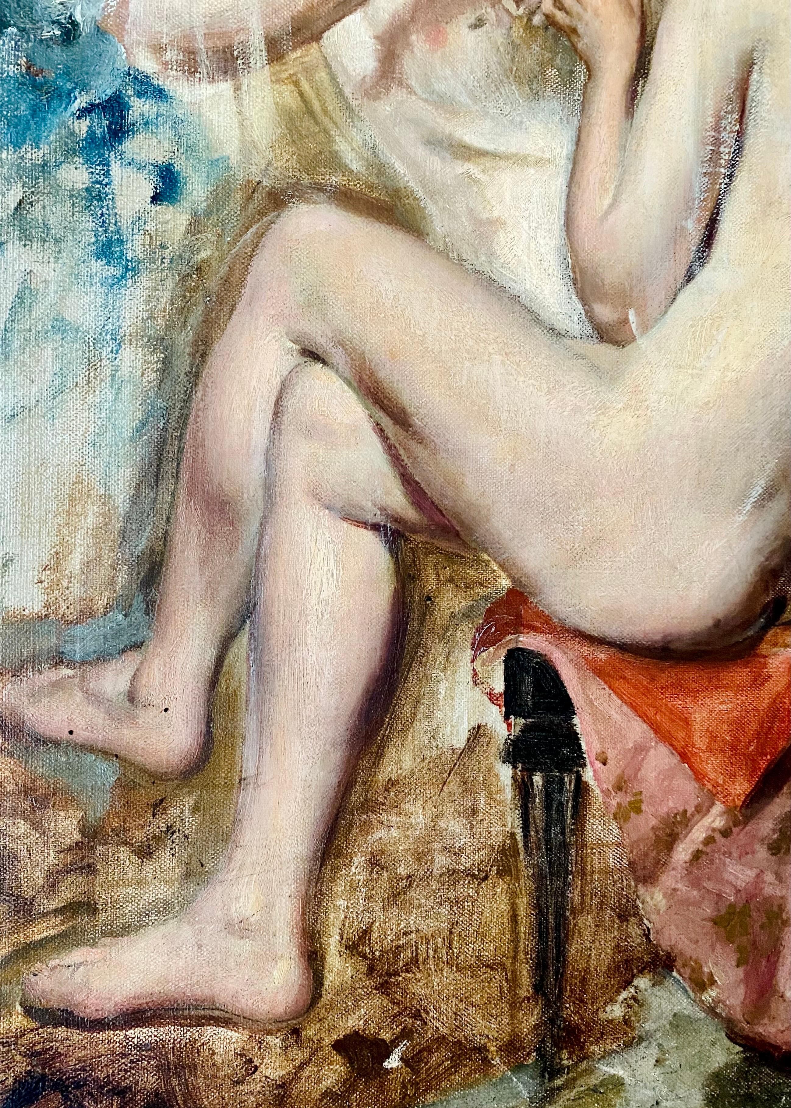 Präraffaelitisches Gemälde des 19. Jahrhunderts – zwei Akte – britisches Ölgemälde, ca. 1880er Jahre (Braun), Figurative Painting, von Albert Joseph Moore