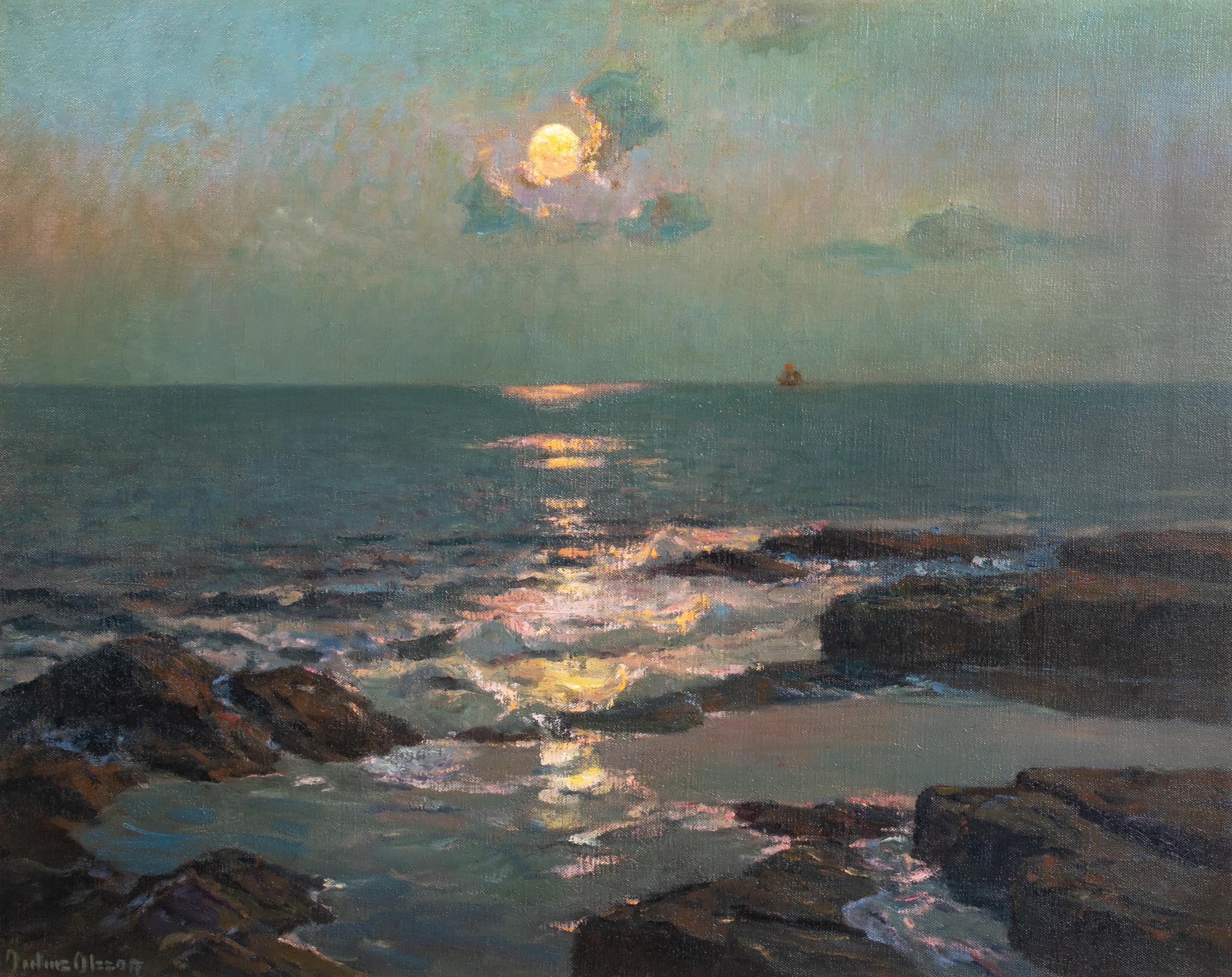 Lever de lune sur la baie de Carbis, Cornouailles 19e siècle  St Ives - Marron Portrait Painting par Albert Julius Olsson