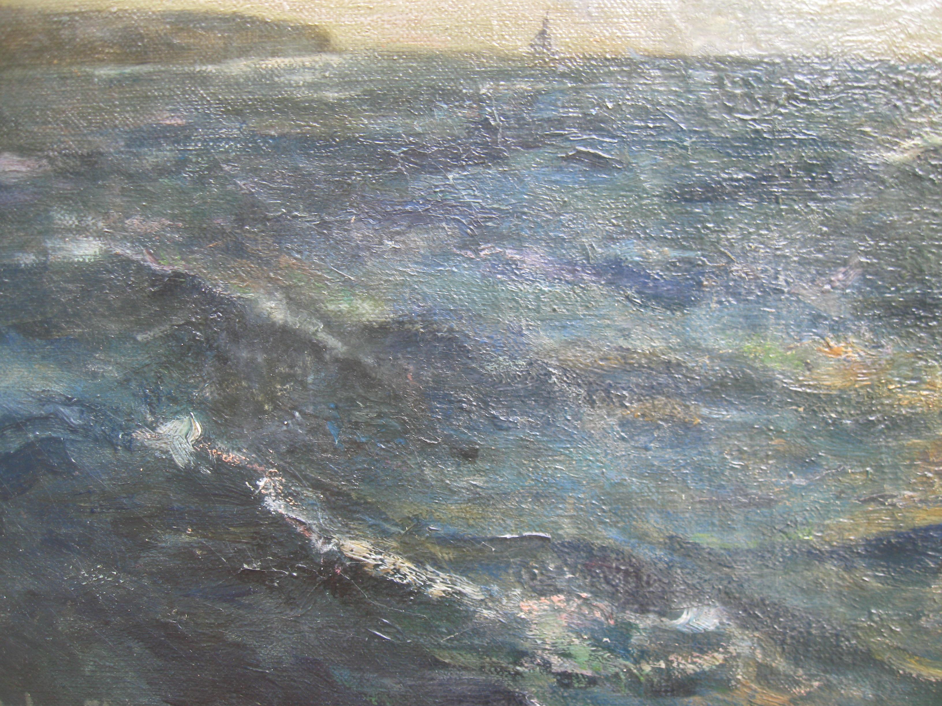 'Off the Lizard, Cornwall' Seascape Impressionist oil on canvas circa 1930's 5