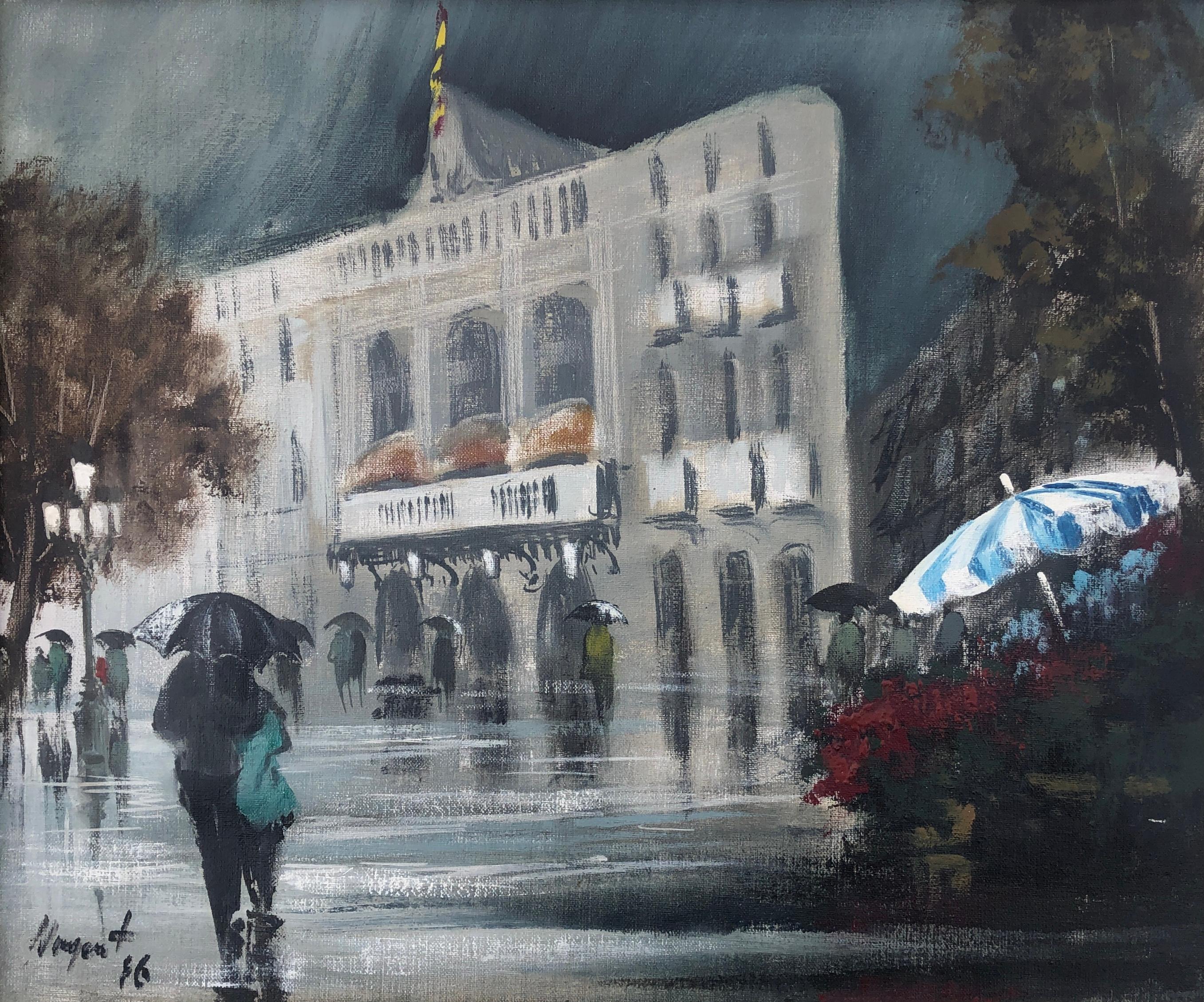 Barcellona Liceo olio su tela pittura spagnola paesaggio urbano Spagna