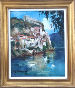 Spanish Mediterranean Village River Landscape Oil Painting Catalan Coast Spain