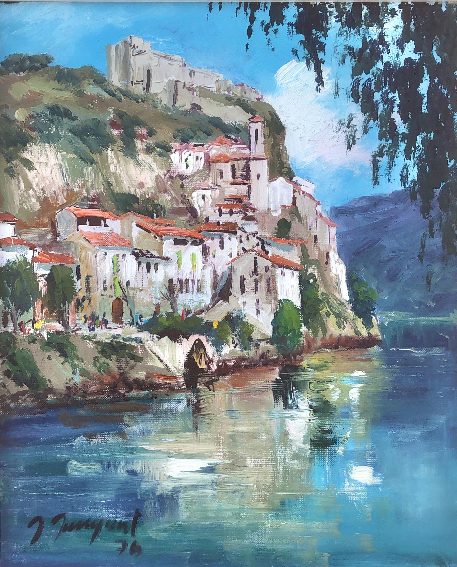 Landscape Painting Albert Junyent Quinquer - Peinture à l'huile sur toile de la côte catalane d'un paysage marin méditerranéen, Espagne