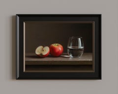 Apples with a glass, Painting, Oil on MDF Panel