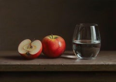 Apples with a glass, Painting, Oil on MDF Panel