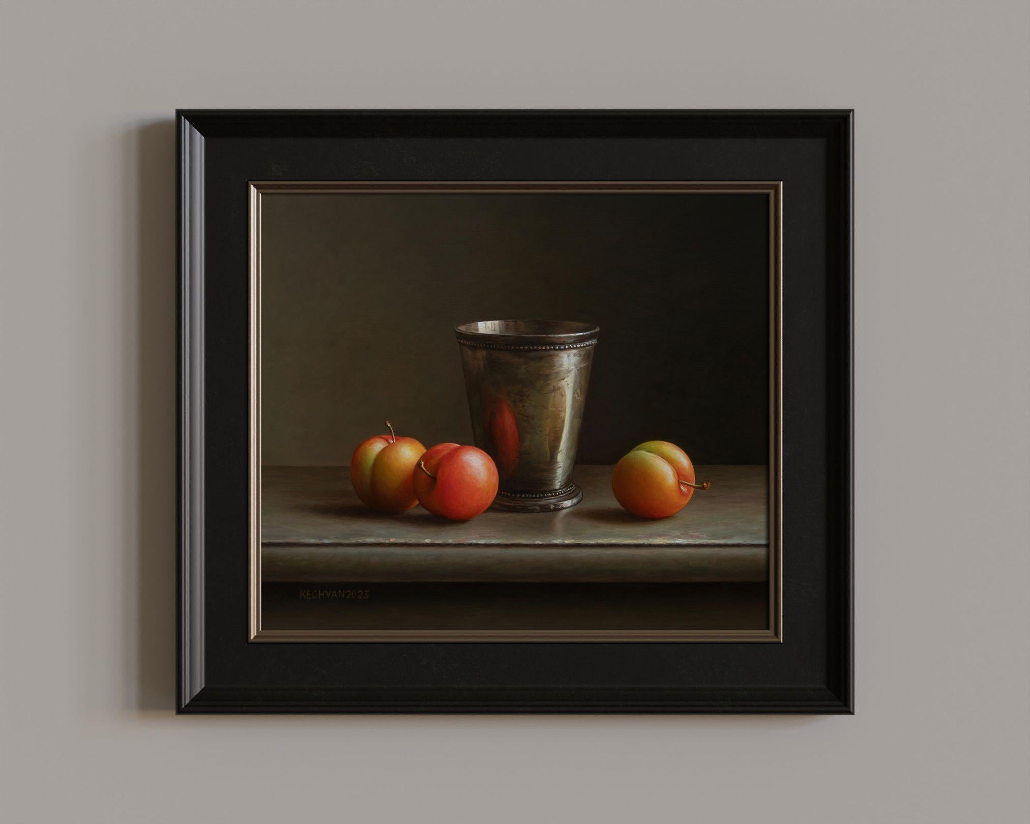 Plums with a cup, Painting, Oil on MDF Panel For Sale 1