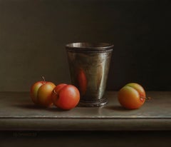 Plums with a cup, Painting, Oil on MDF Panel