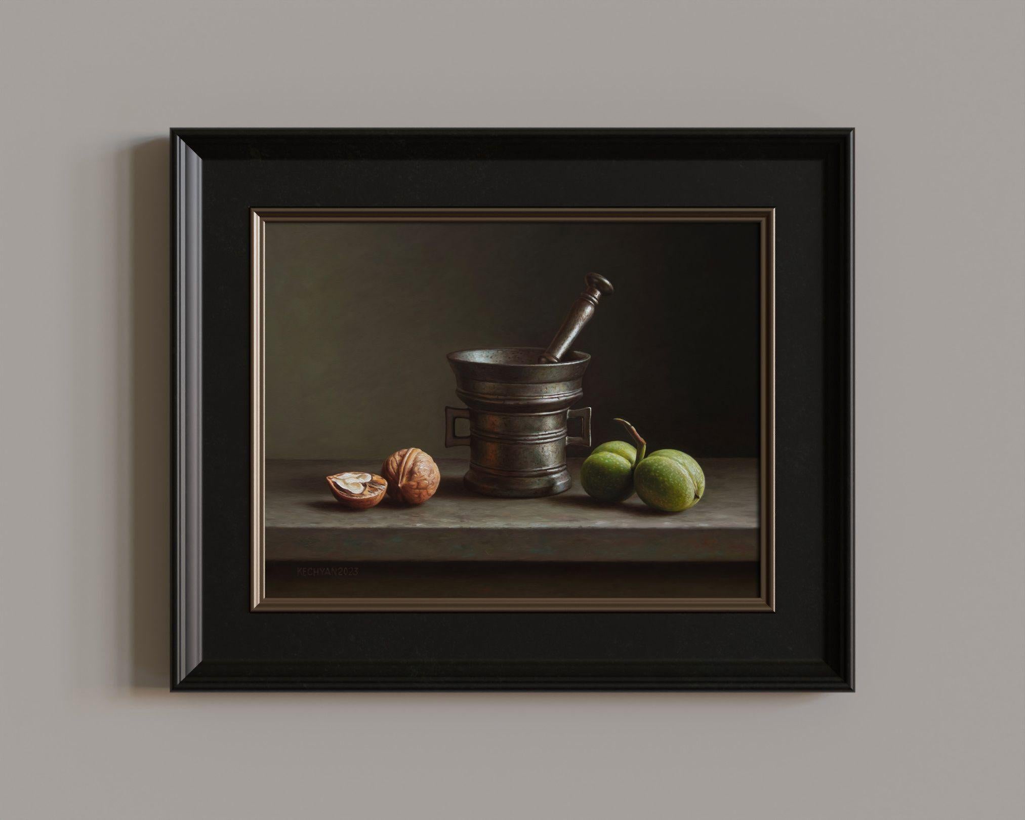 Walnuts with a bronze mortar, Painting, Oil on MDF Panel For Sale 1