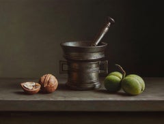 Walnuts with a bronze mortar, Painting, Oil on MDF Panel