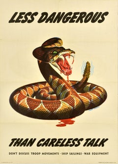 Original Vintage War Propaganda Poster Careless Talk Snake WWII Albert Dorne