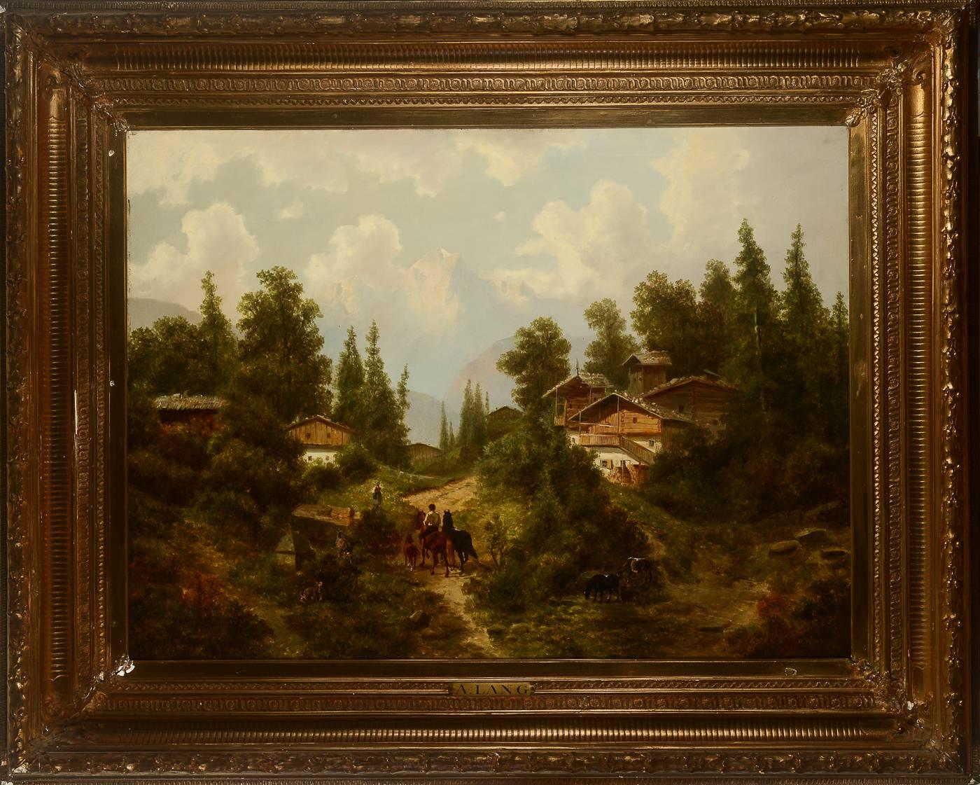 Albert Lang 1847-1933. Südeuropäische Landschaft mit Häusern, Wald, Reitern und Tieren. Öl auf Leinwand, signiert A. Lang. Maße: 74 x 100 (107 x 134) cm.
 