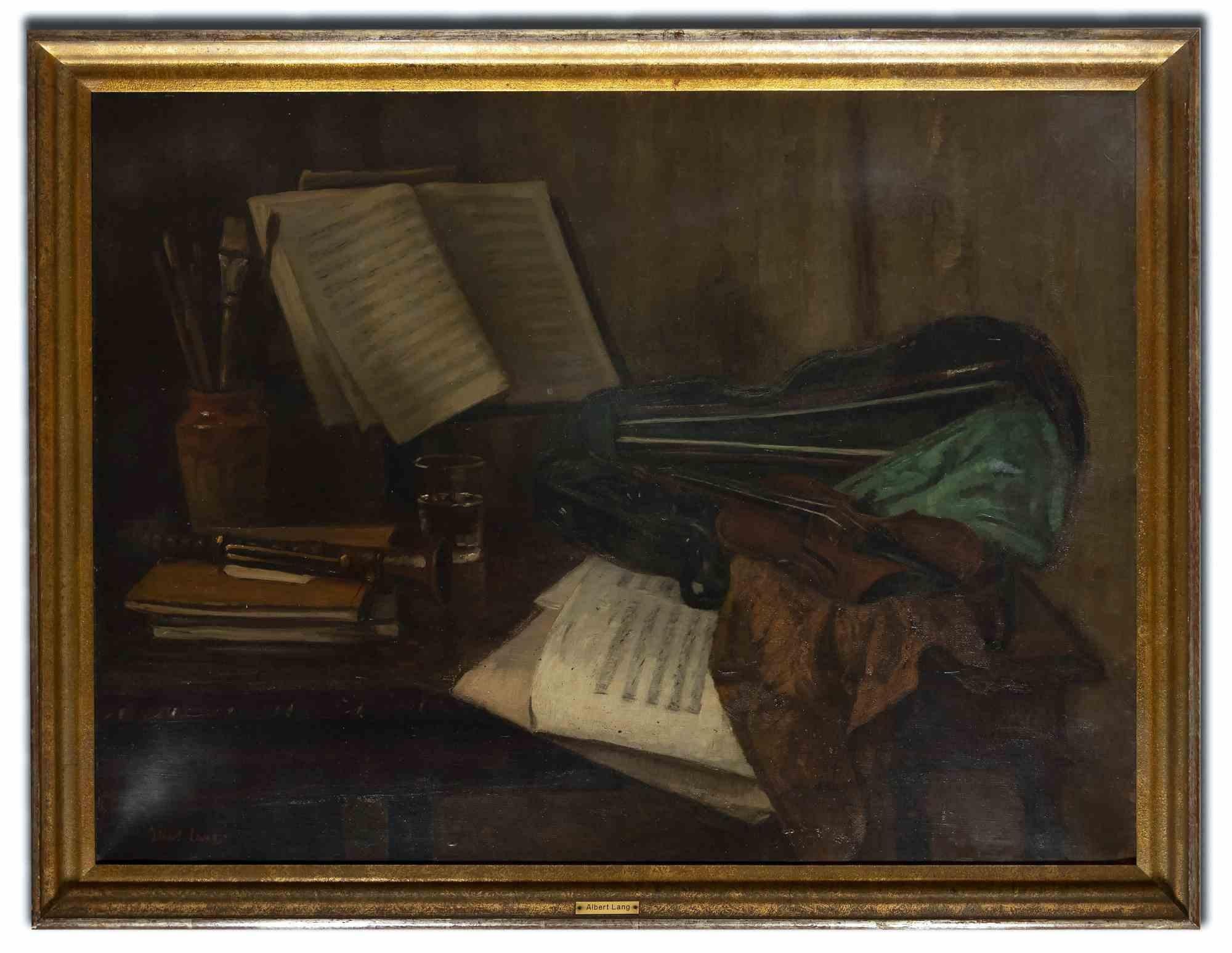  Albert Lang Still-Life Painting - Still Life with Violin, Music Sheets and Brushes - Oil Painting By A.Lang 