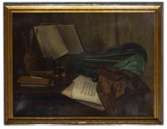 Nature morte avec violon, feuilles de musique et brosses - Peinture à l'huile de A.Lang 