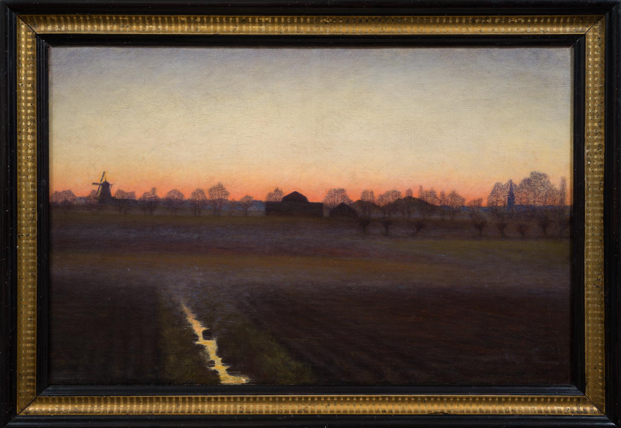 Twilight-Landschaft mit Windmühlen und Kirche, 1891 – Painting von Albert Larsson