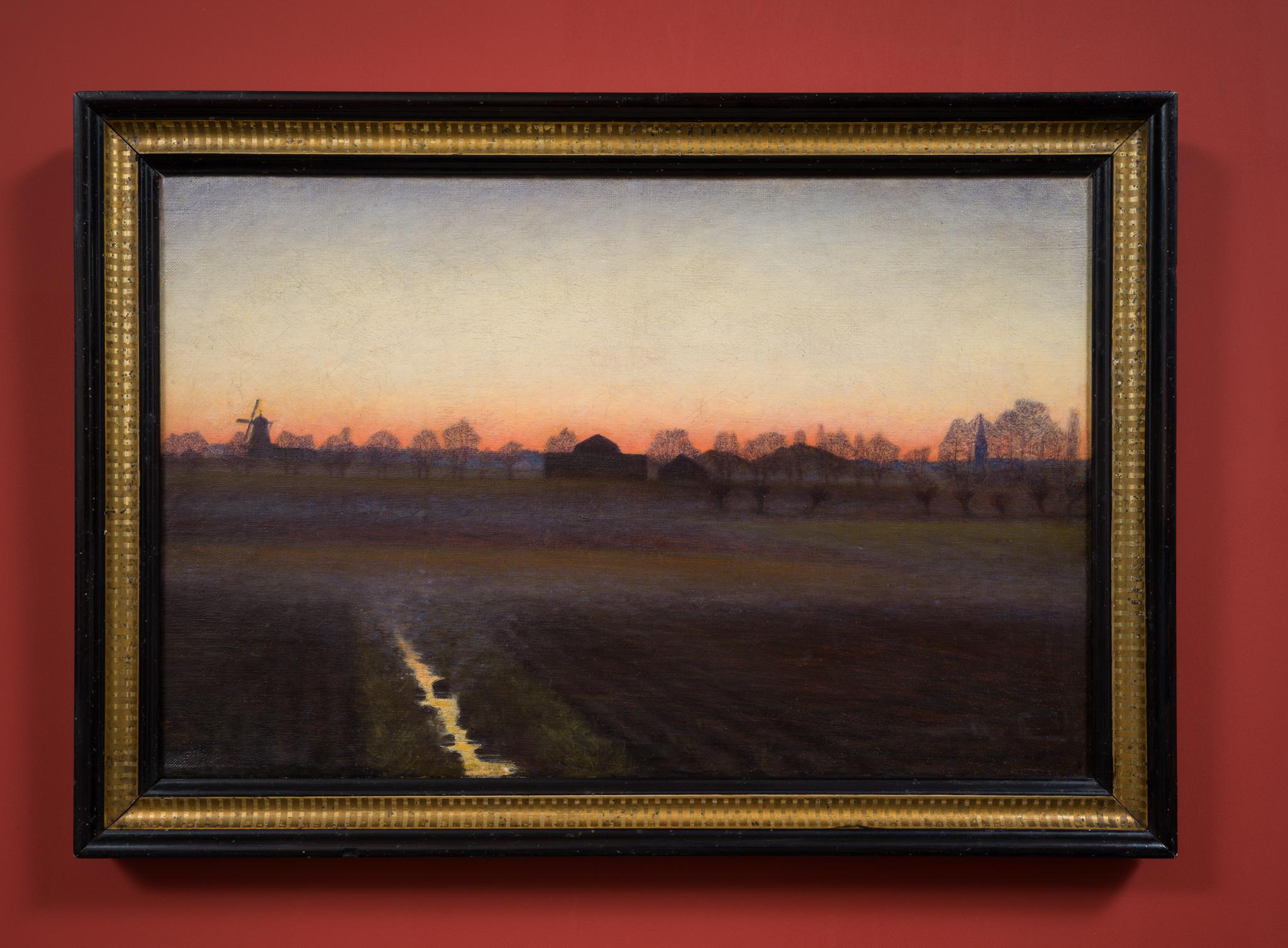 Twilight-Landschaft mit Windmühlen und Kirche, 1891 (Romantik), Painting, von Albert Larsson
