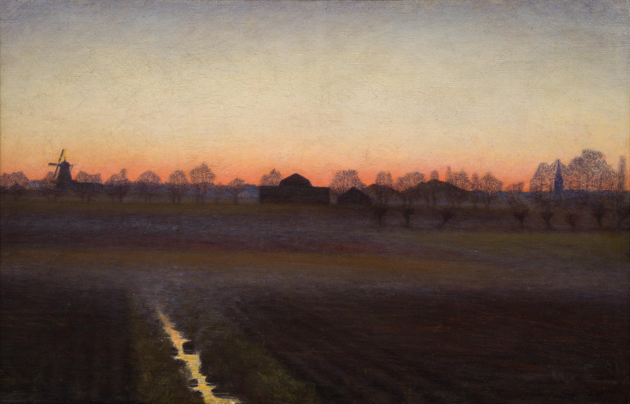 Albert Larsson Landscape Painting - Twilight Landscape with Windmill and Church, 1891