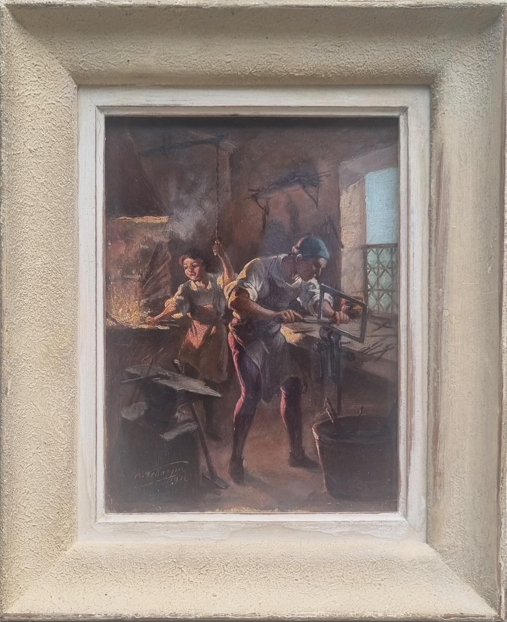 Peinture réaliste française atelier forgeron ancien début du 20e siècle - Painting de Albert LEBARQUE