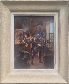 French Realist Painting Black smith workshop Old trade Early 20th