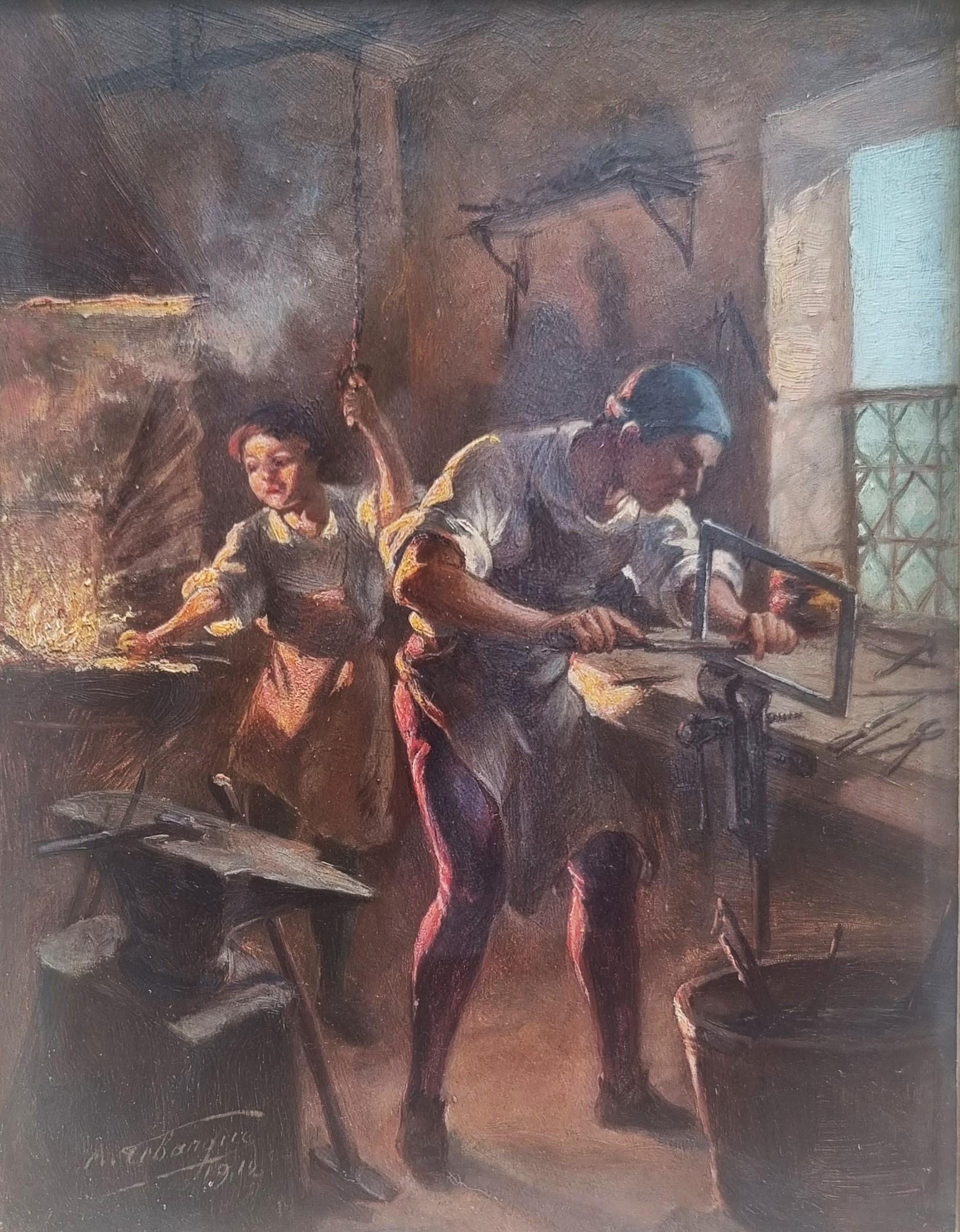 Peinture réaliste française atelier forgeron ancien début du 20e siècle - Réalisme Painting par Albert LEBARQUE