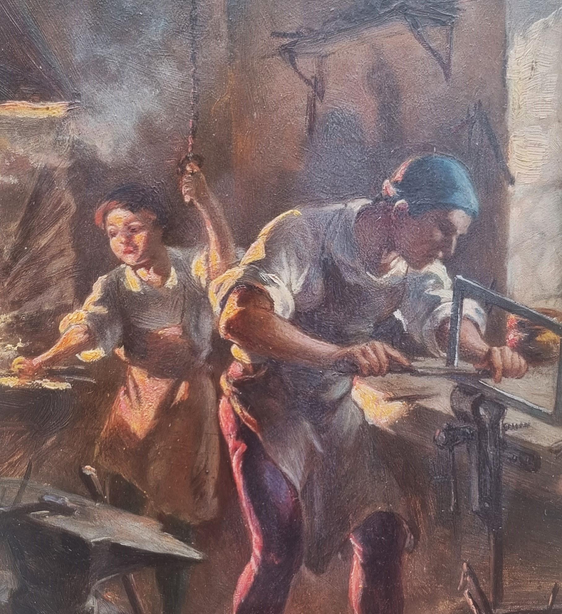 Peinture réaliste française atelier forgeron ancien début du 20e siècle - Noir Figurative Painting par Albert LEBARQUE