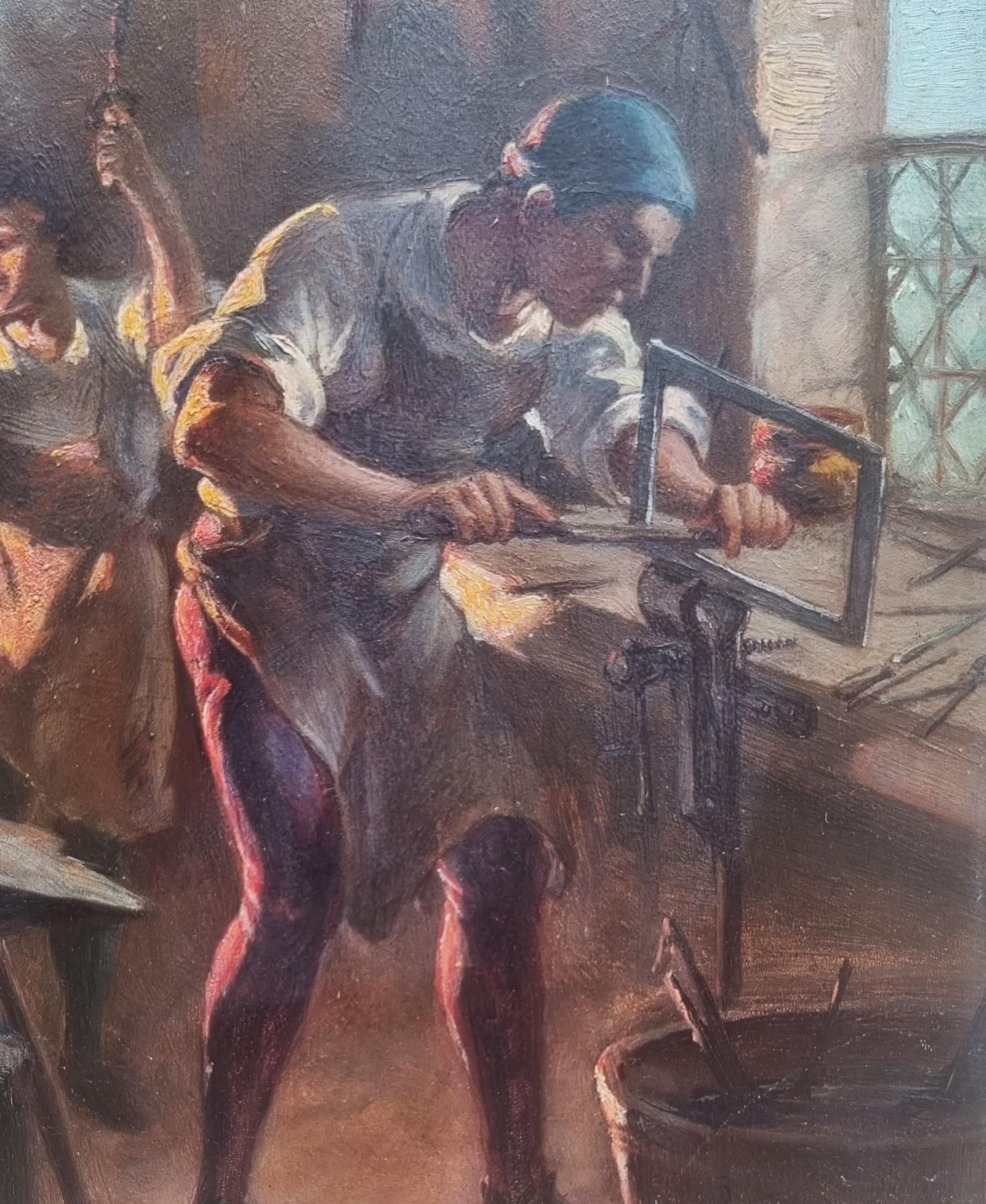 Albert Léon LEBARQUE
Quatre-Champs (Ardennes), 1853 - Paris, 1939
L'atelier du forgeron
Huile sur panneau24 x 18 cm (34,5 x 28 cm avec le cadre)
Signé et daté en bas à gauche 