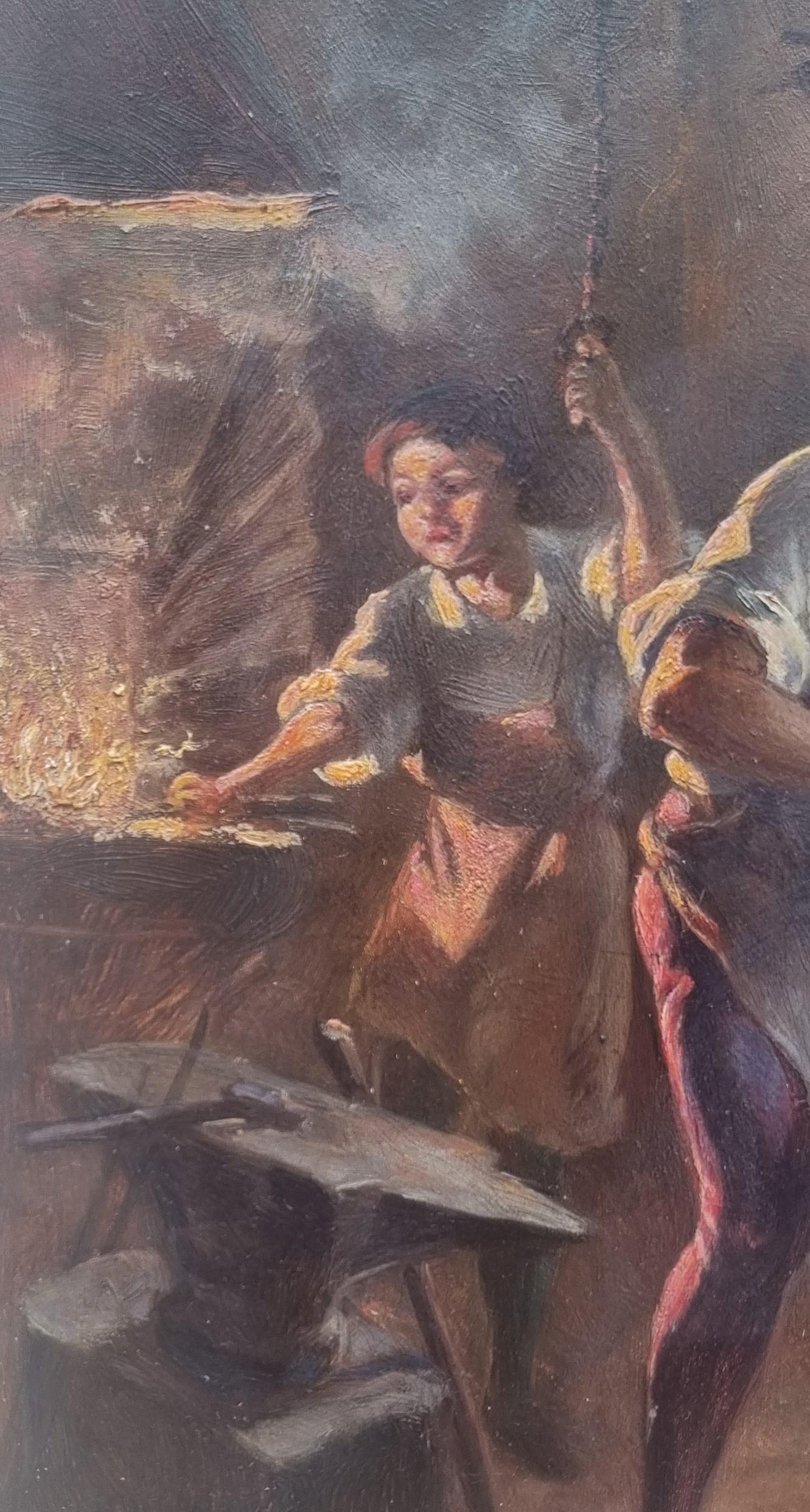 Peinture réaliste française atelier forgeron ancien début du 20e siècle en vente 1
