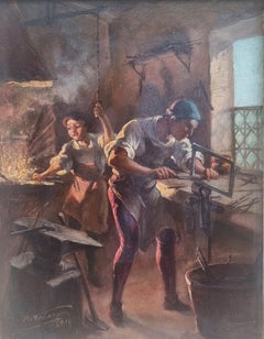 Pittura realista francese Officina del fabbro nero Vecchio mestiere Inizio Novecento