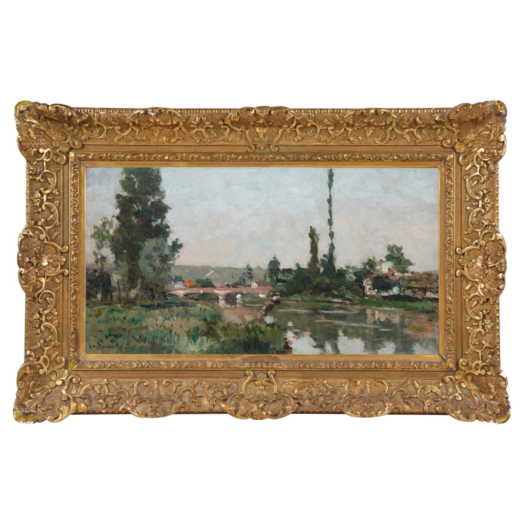 Albert Lebourg (français 1849-1928) 
Le long de la Seine, vers 1885
Huile sur toile
Dimensions : Toile 15.5 x 28 pouces ; Encadré 24.25 x 37.75 pouces
signé en bas à gauche 