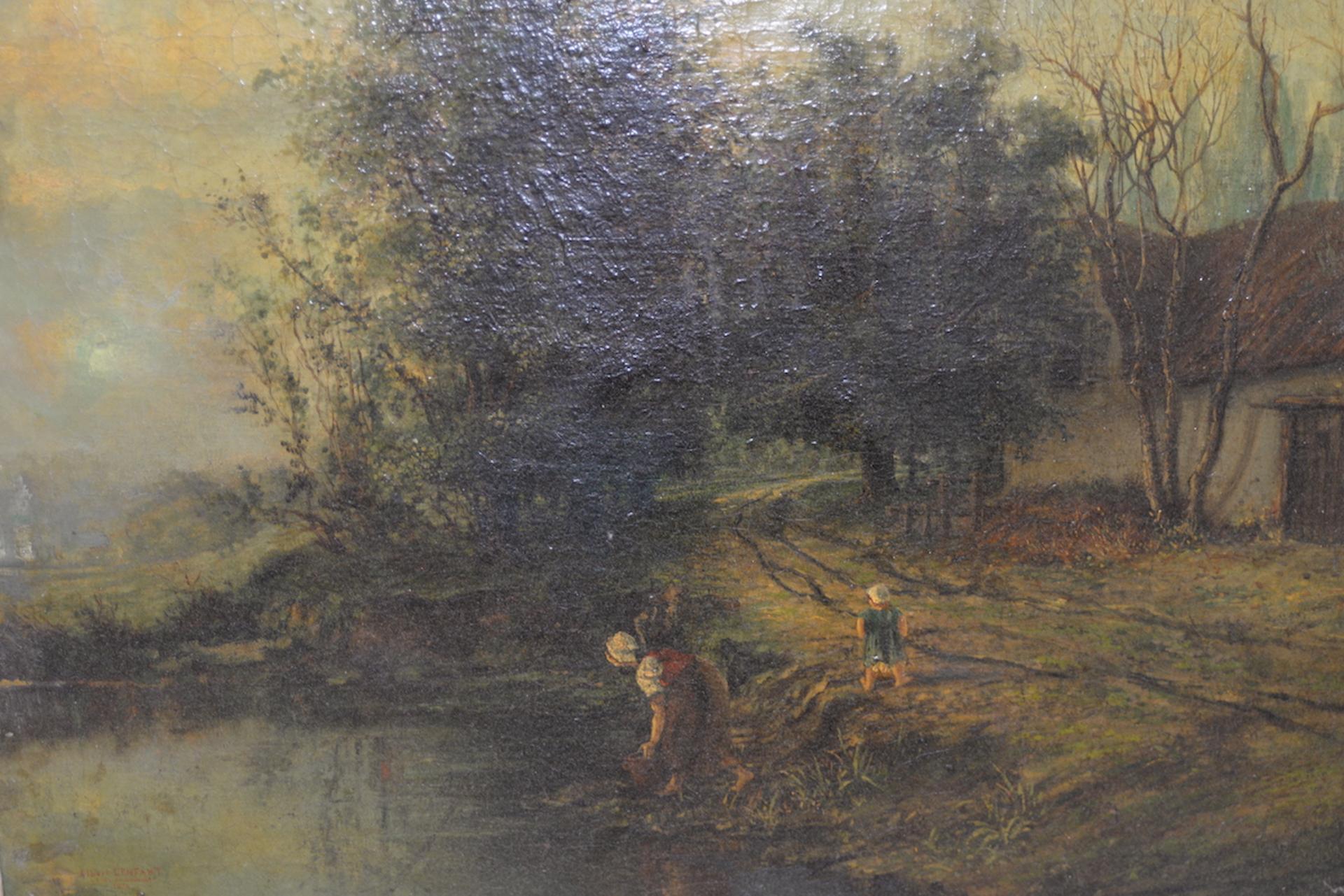 Fine antique oil painting by French artist Albert Lenfant, circa 1874.

A wonderful French country landscape with a woman gathering water from the river and child close behind.

This painting is dated 1874.

Original oil on canvas. Dimensions: