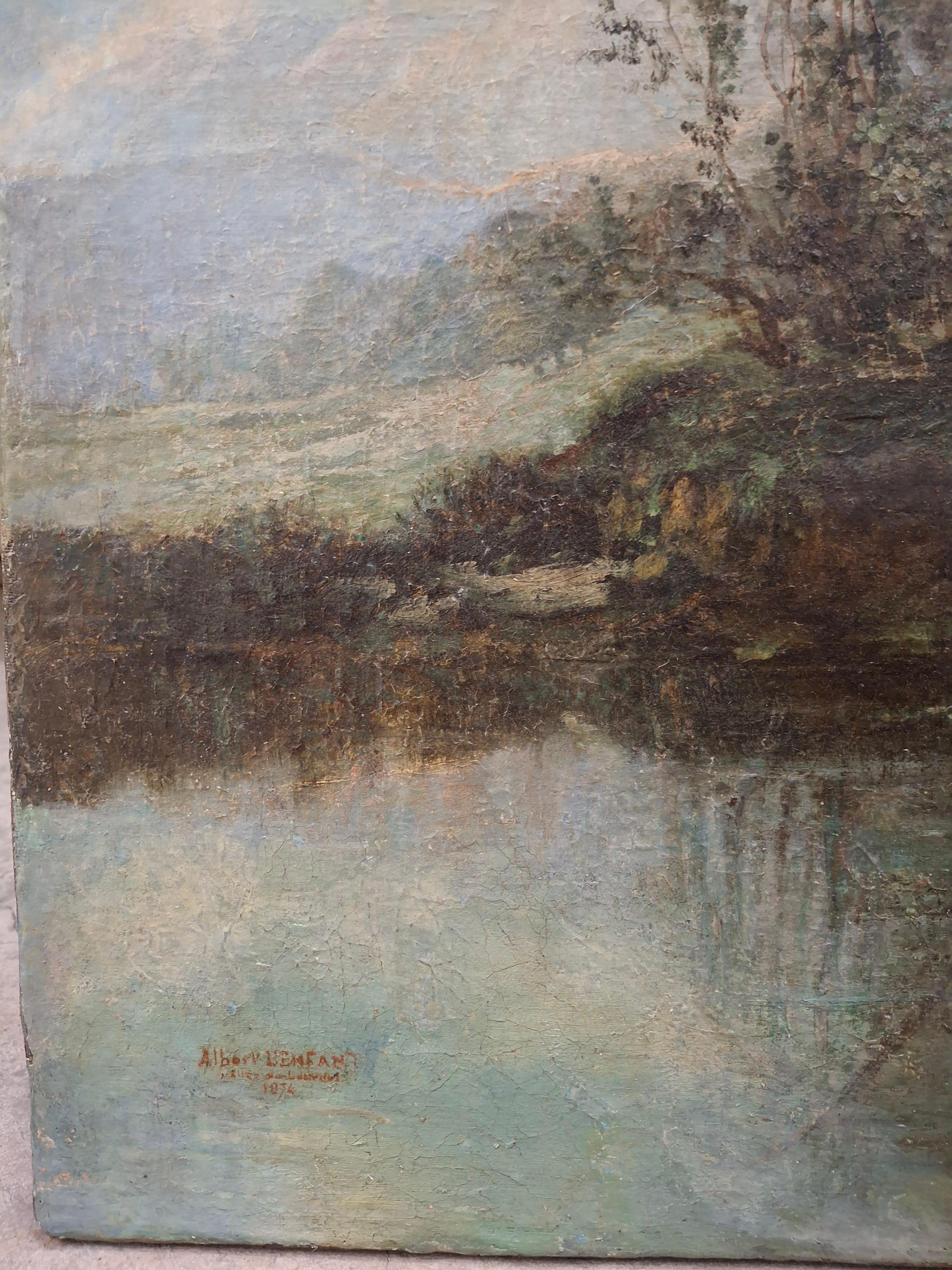 Albert Lenfant Französisch, 19. Landschaftslandschaft mit Figuren, Ölgemälde (Leinwand) im Angebot