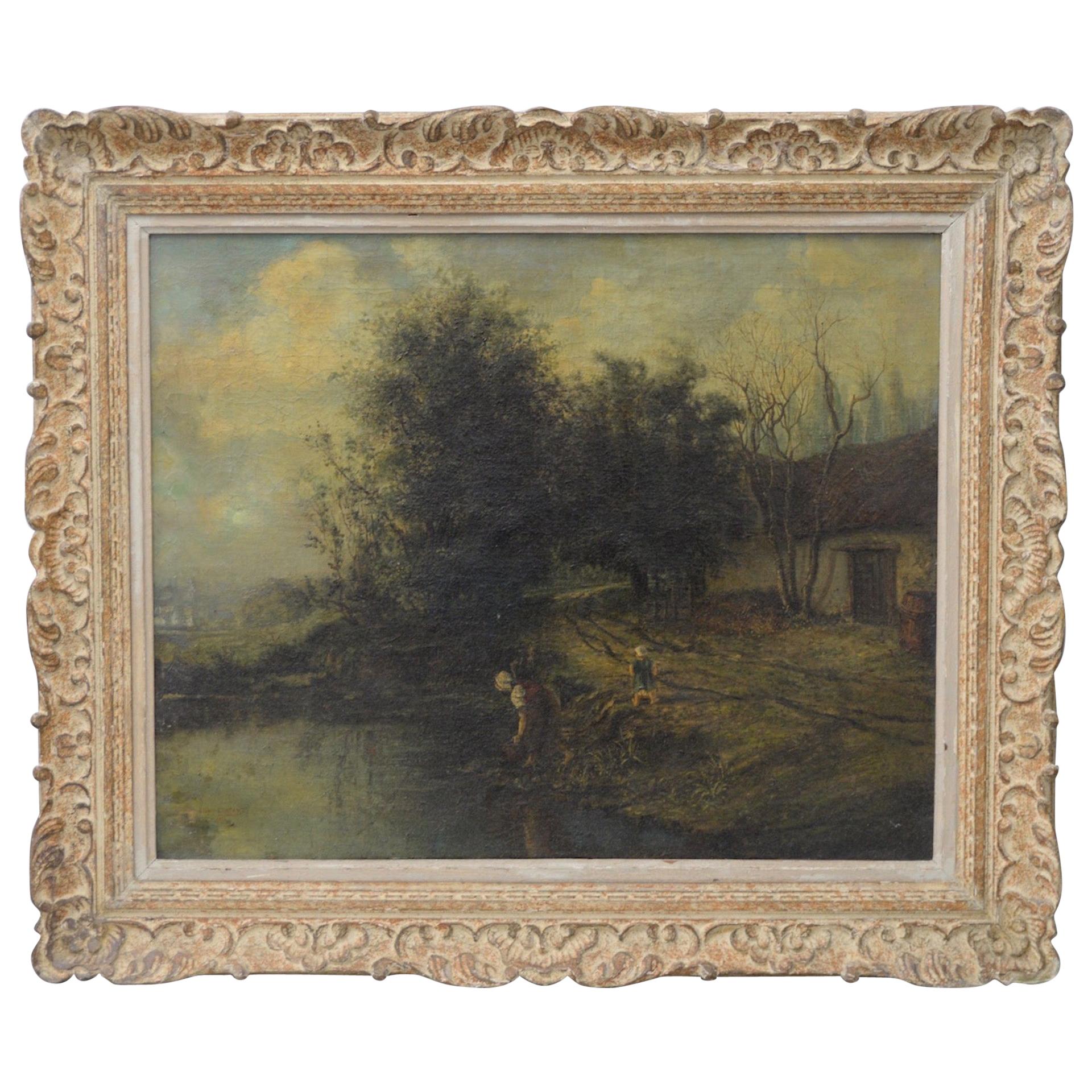 Albert Lenfant 'French, 19th c.' Country Landscape with Figures Oil Painting