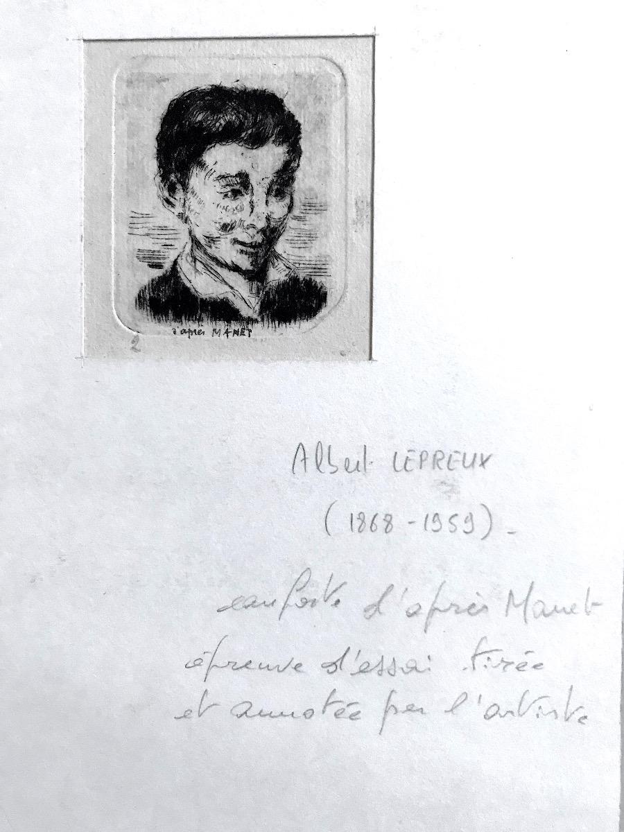 Porträt eines Jungen nach Manet - Radierung auf Papier von A. Lepreux- Anfang des 20. Jahrhunderts – Print von Albert Lepreux
