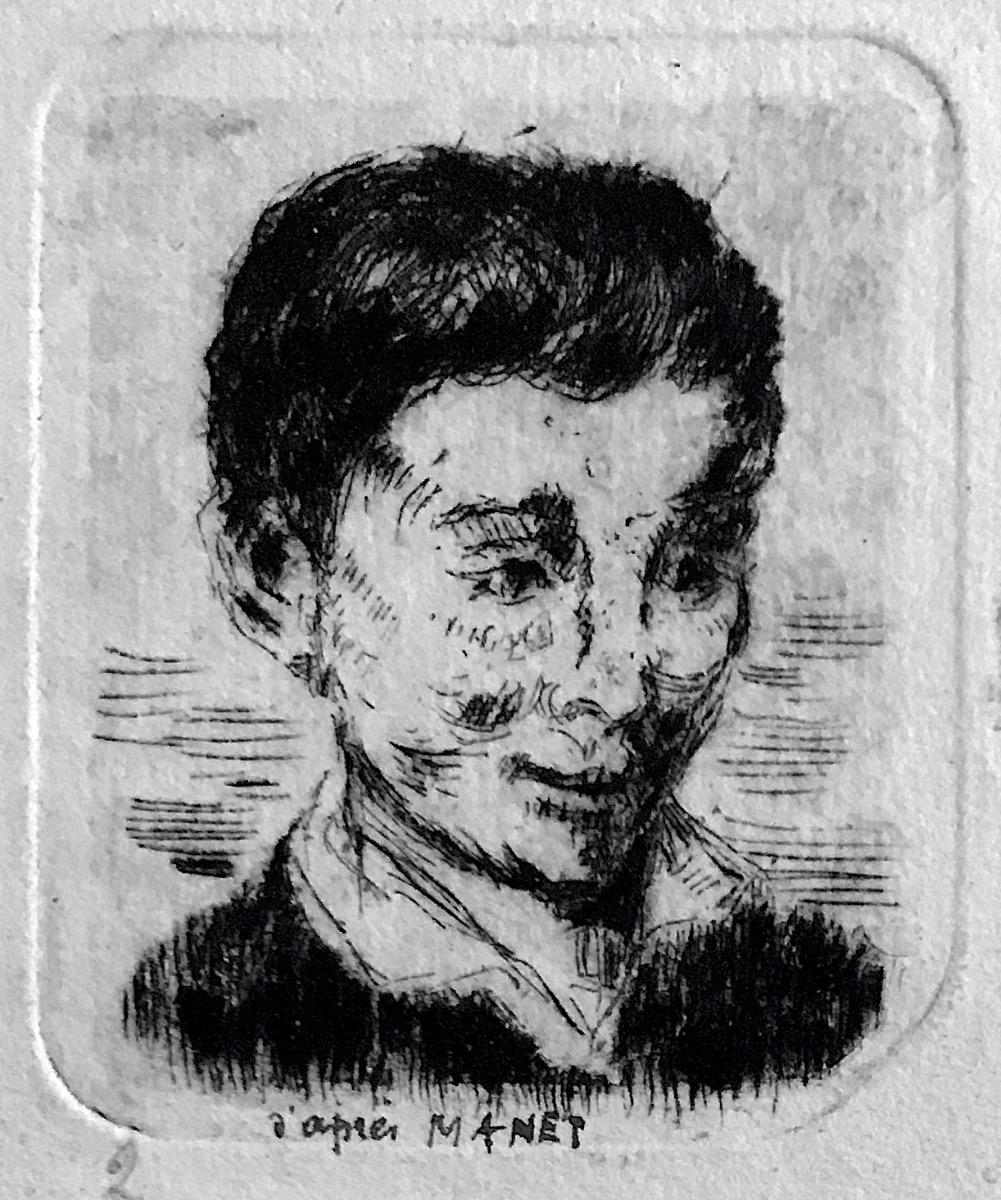 Das Porträt "D'apres Manet" ist eine Original-Radierung auf Papier von Albert Lepreux (1868-1959), inklusive einem Passepartout: 25 x 16 cm.

Auf der unteren Seite betitelt.

Der Erhaltungszustand der Kunstwerke ist sehr gut. 

Das Kunstwerk stellt