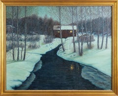  A Winter Landscape With a Red House and a Quiet Stream, Oil on Canvas, 1947