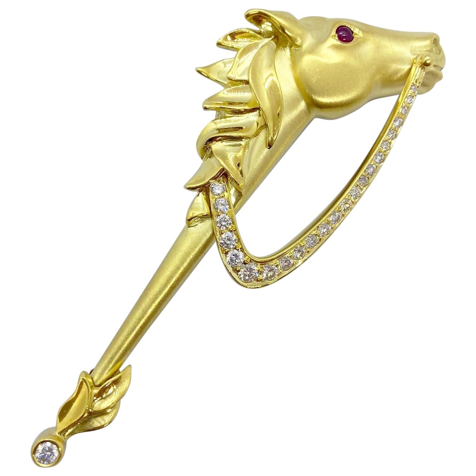 Albert Lipten 18 Karat Yellow Gold Hobby Horse Brooch with .60 Carat Diamonds For Sale