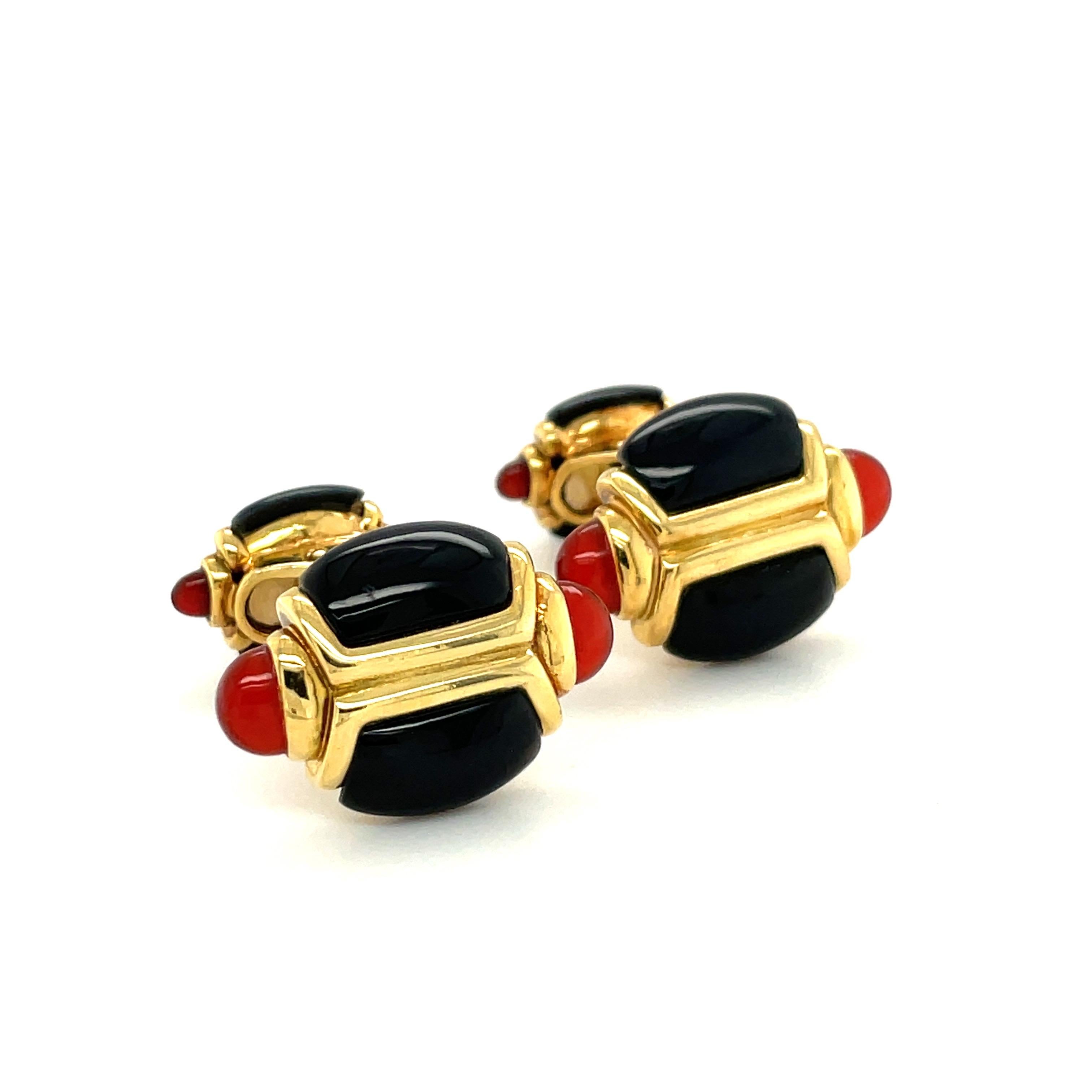 Cabochon Albert Lipten 18KT Yellow Gold Cuff Links / Studs Dress Set Onyx and Carnelian For Sale