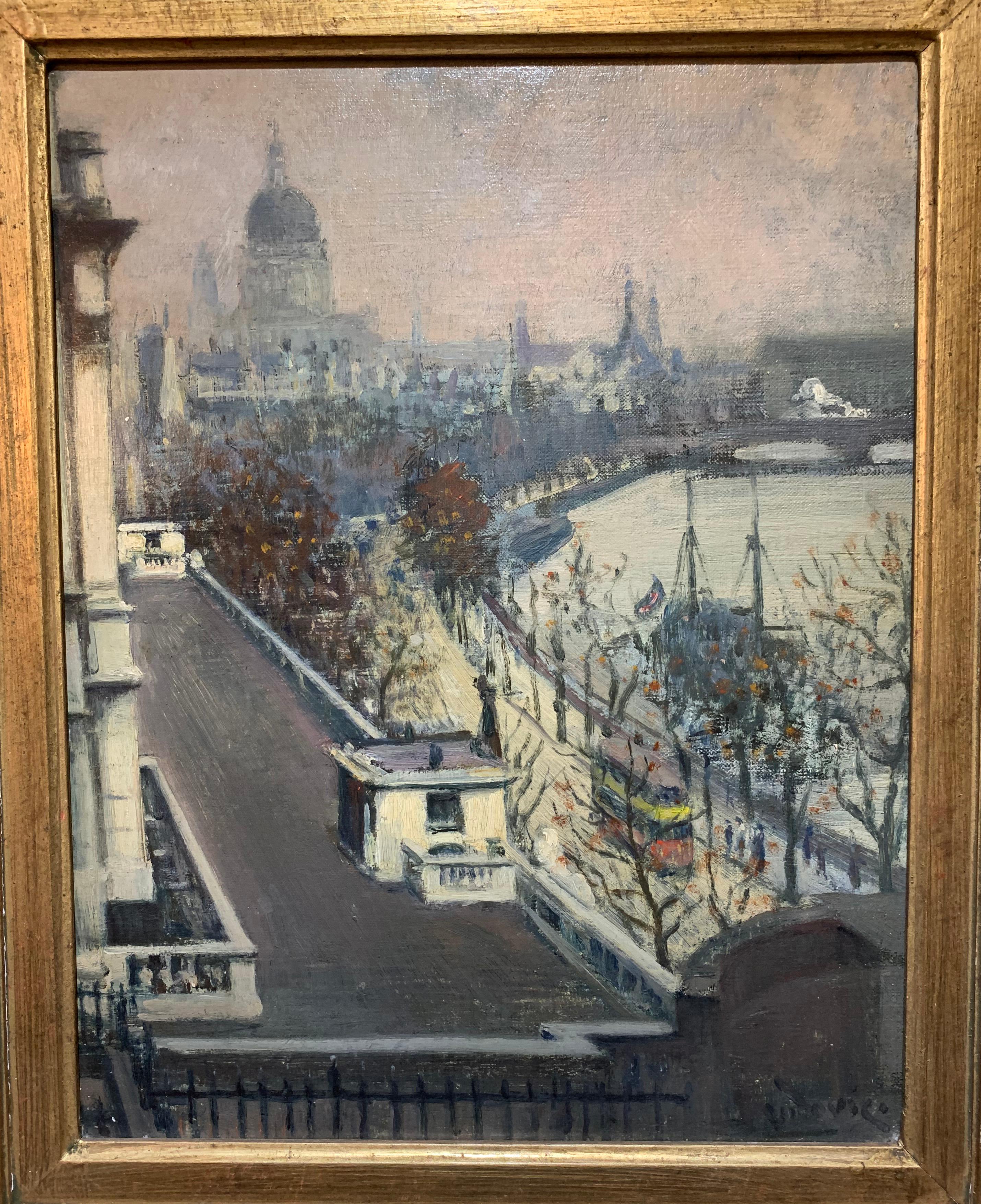 Gerahmtes antikes englisches impressionistisches Gemälde „Themses River“ von Albert Ludovici (Braun), Landscape Painting, von Albert Ludovici Jr.