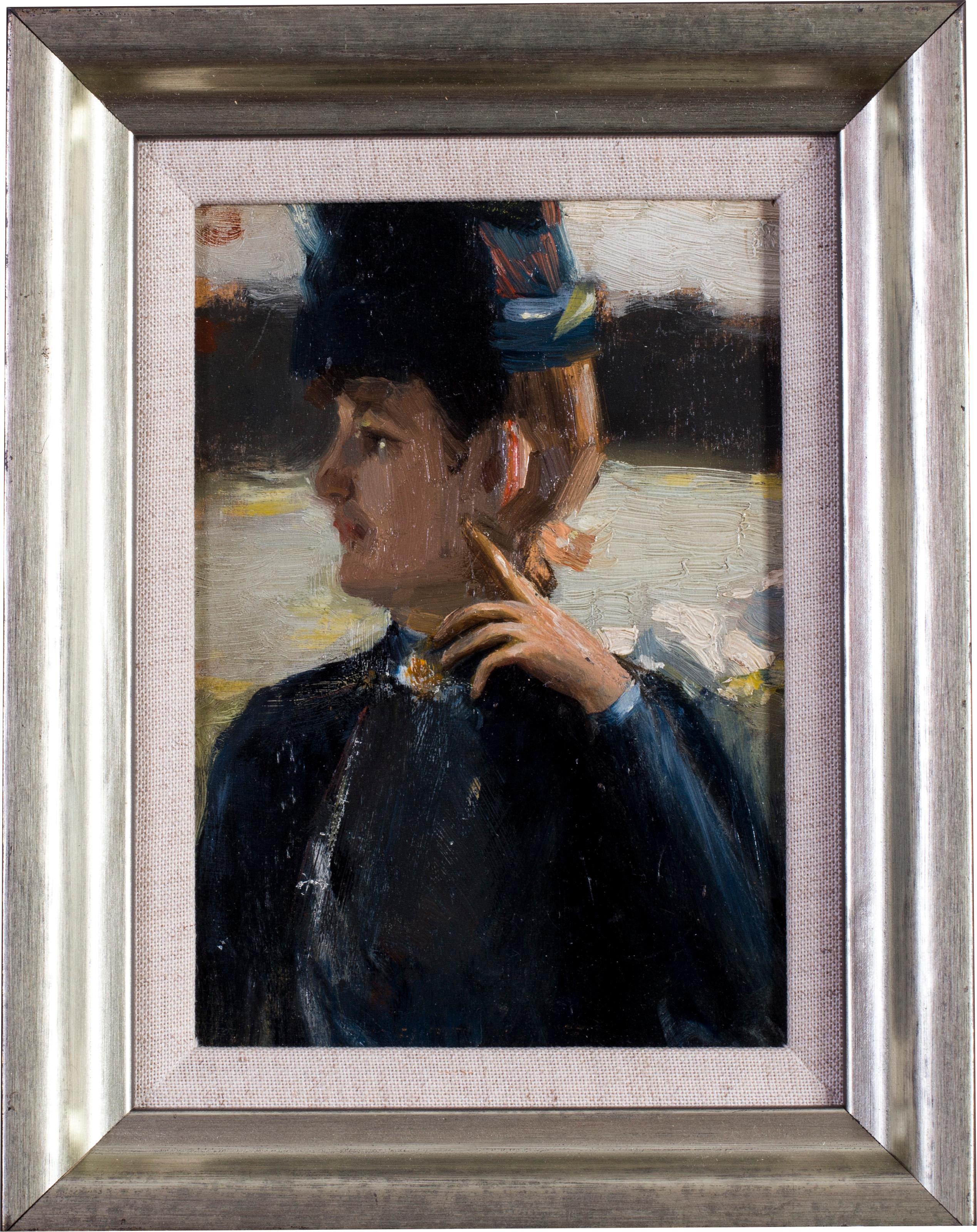 small portrait contemporary figurative fine art oil on canvas 10” X 8” with wood float frame ORIGINAL-Lois