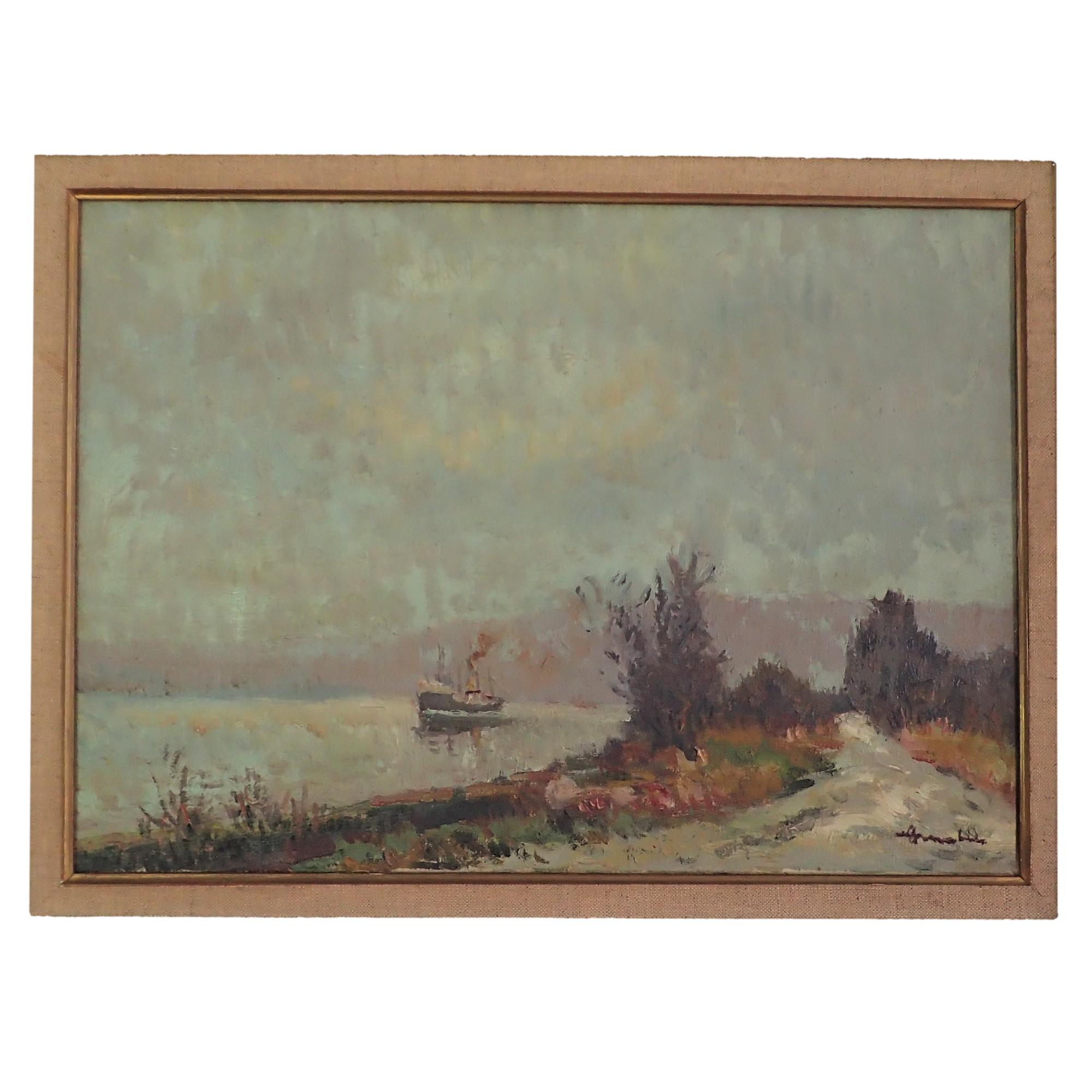 Peinture impressionniste française d'un navire de cargaison sur la rivière Seine - Painting de Albert Malet